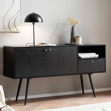 Wohnling Sideboard WL6.826 (140x75x40 cm Anrichte, Eiche-Dekor Schwarz), Kommode 2 Türen, Hoher Kommodenschrank