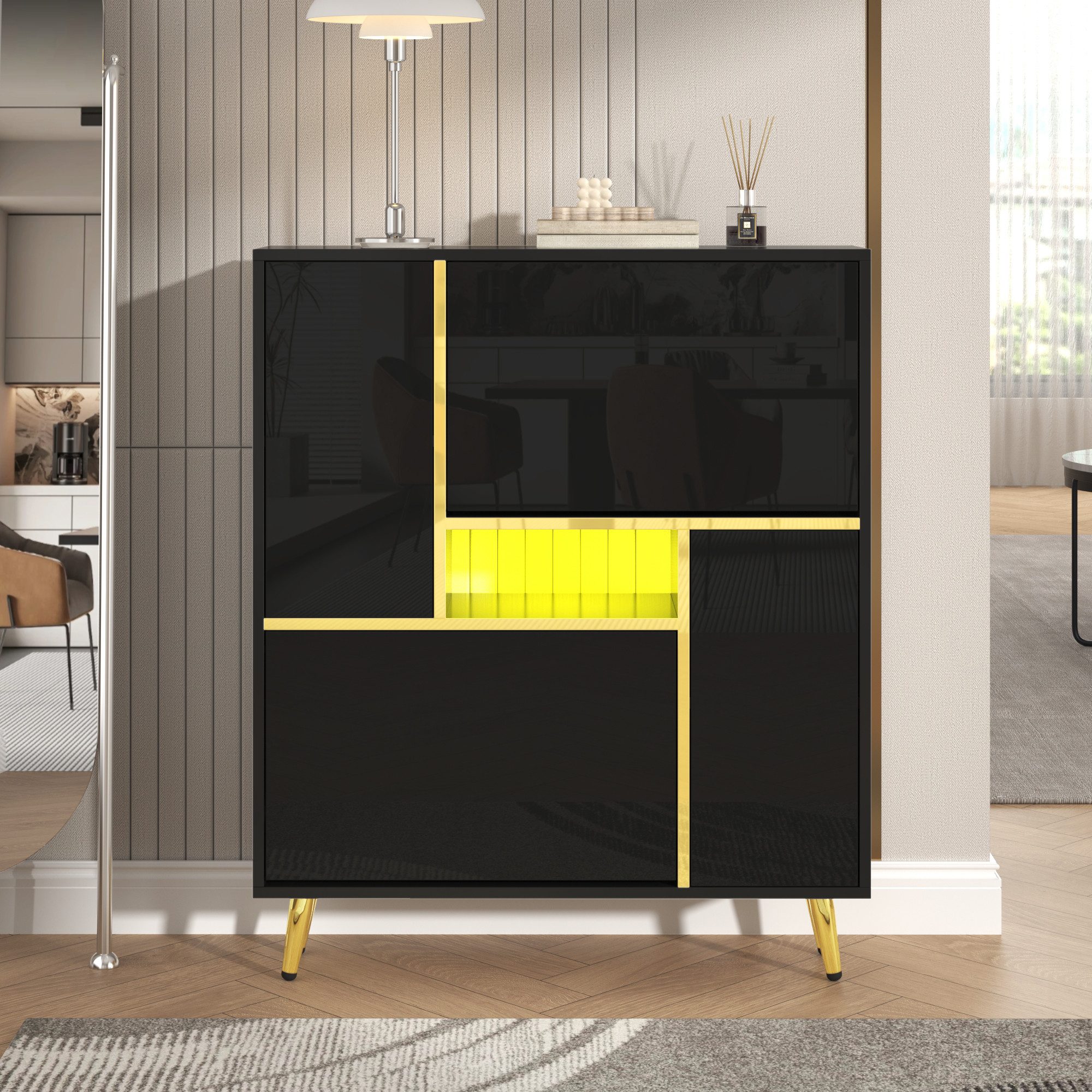 Ulife Schuhschrank mit Hochglanzfront und 16-farbigem LED-Licht, 80 x 25 x 96 cm (1-St) Aufbewahrungsschrank, verstellbare und herausnehmbare Einlegeböden