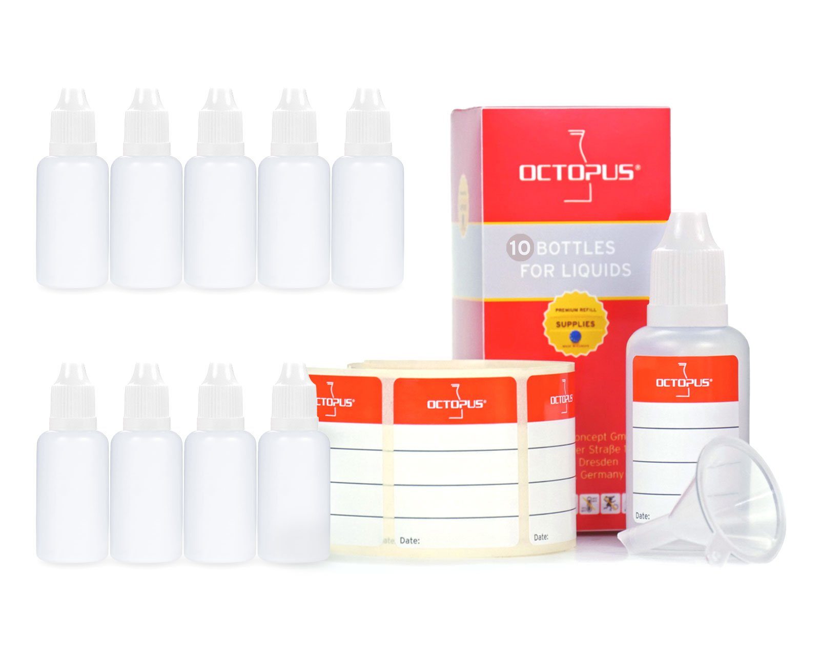 OCTOPUS Kanister 10 Plastikflaschen 30 ml LDPE, G14, Tropfeinsatz, Deckel weiß, 1 Mini- (10 St)