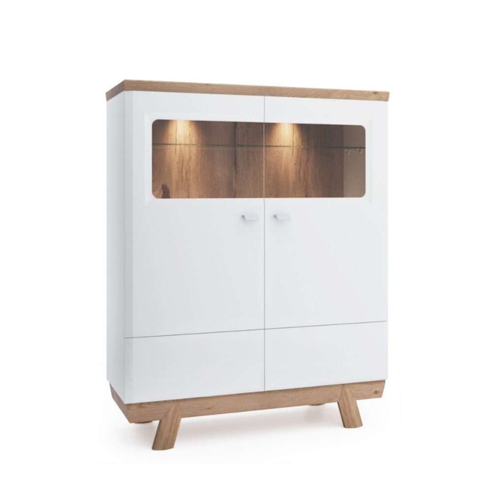 JVmoebel Vitrine Eleganter Barschrank aus Massivholz in Weiß mit beigen Holzfüßen (1-St) Made in Europa