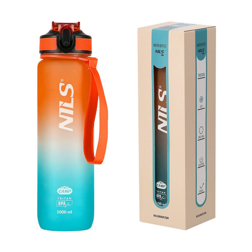 NILS CAMP Trinkflasche Sportflasche Tritanflasche Trinkhalmflasche, Tritan, 1 l, Trinkhalm, Messskala, Handschlaufe