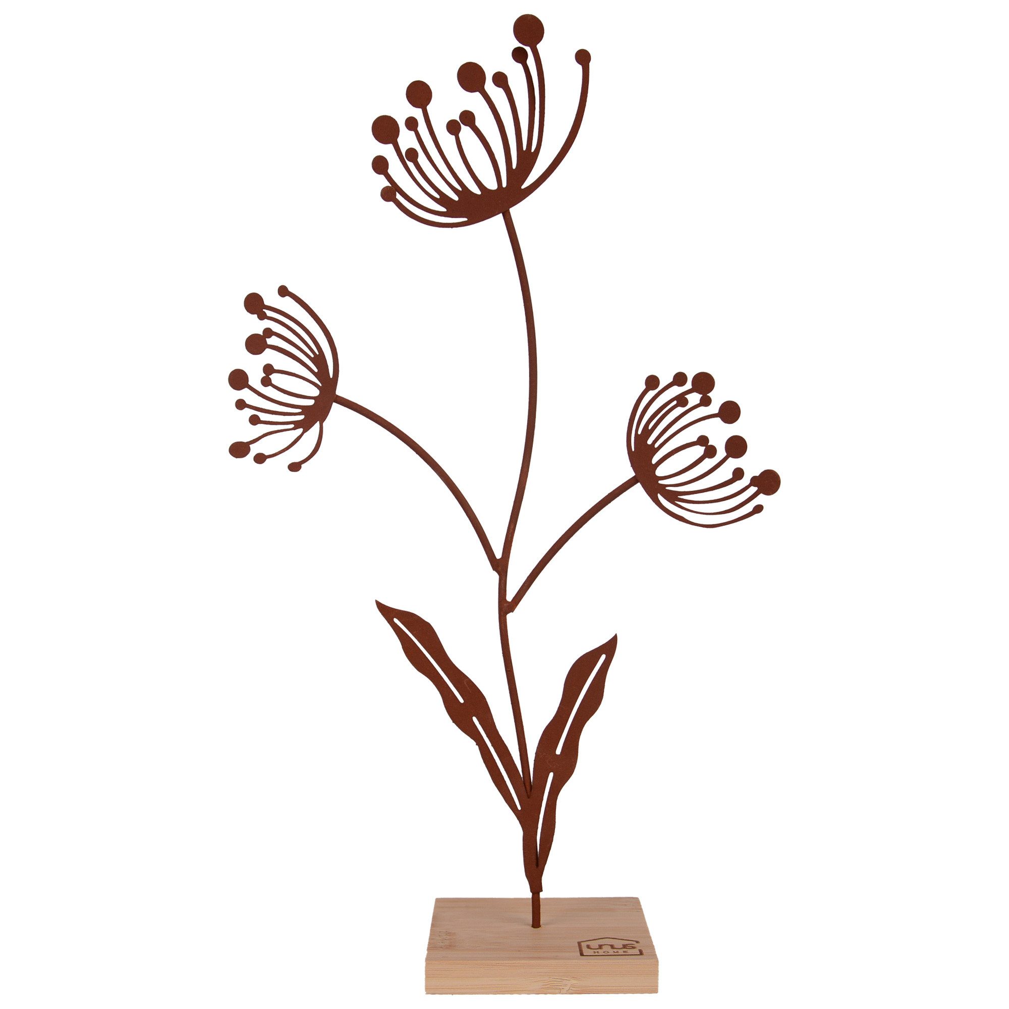 UNUS HOME Dekofigur Aufsteller Deko-Blume (klein, Rost), Blumen-Silhouette aus Metall und Bambus-Holz Wohndekoration