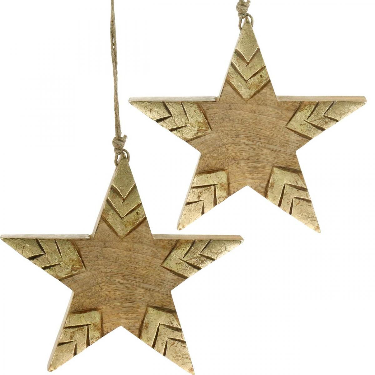 Viana Christbaumschmuck Stern Mangoholz Natur, Großer Dekostern Golden zum Hängen, 2 Stück