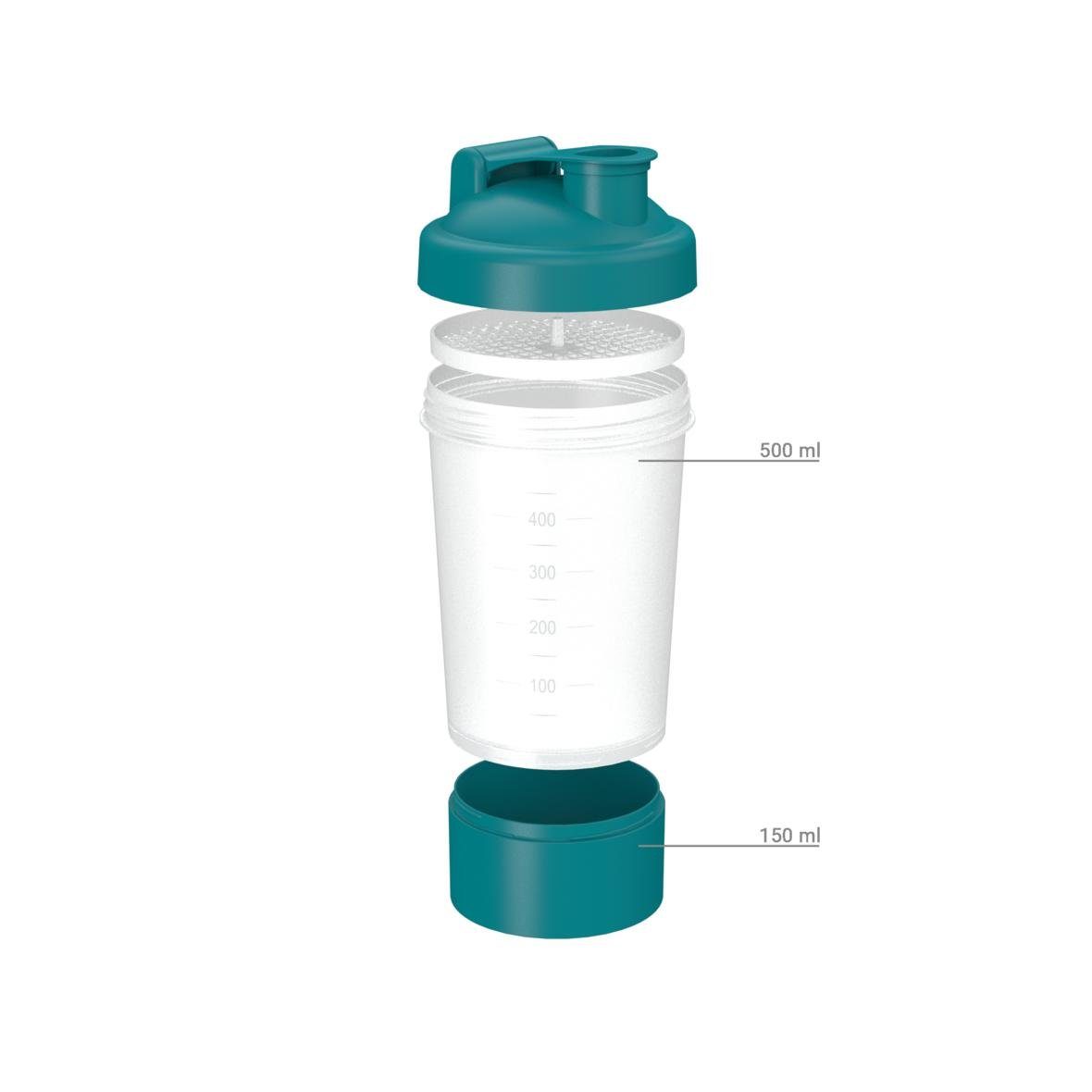 elasto Protein Shaker 400ml Fitness shaker mit Pulverfach inkl. Sieb und Skala, Shaker für Eiweiß- & Sportgetränke, auslaufsicher, einfache Reinigung
