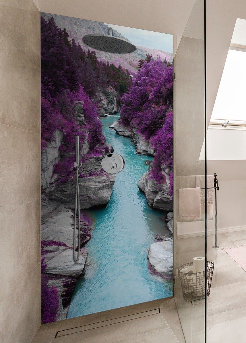 Thumbnail - Wallario Duschrückwand Fluss in lilafarbener Schlucht, (1-tlg)
