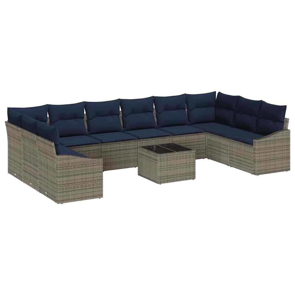 vidaXL Gartenlounge-Set Gartensofa-set mit Speicher Grau und Marineblau Poly-Rattan, (11-tlg)