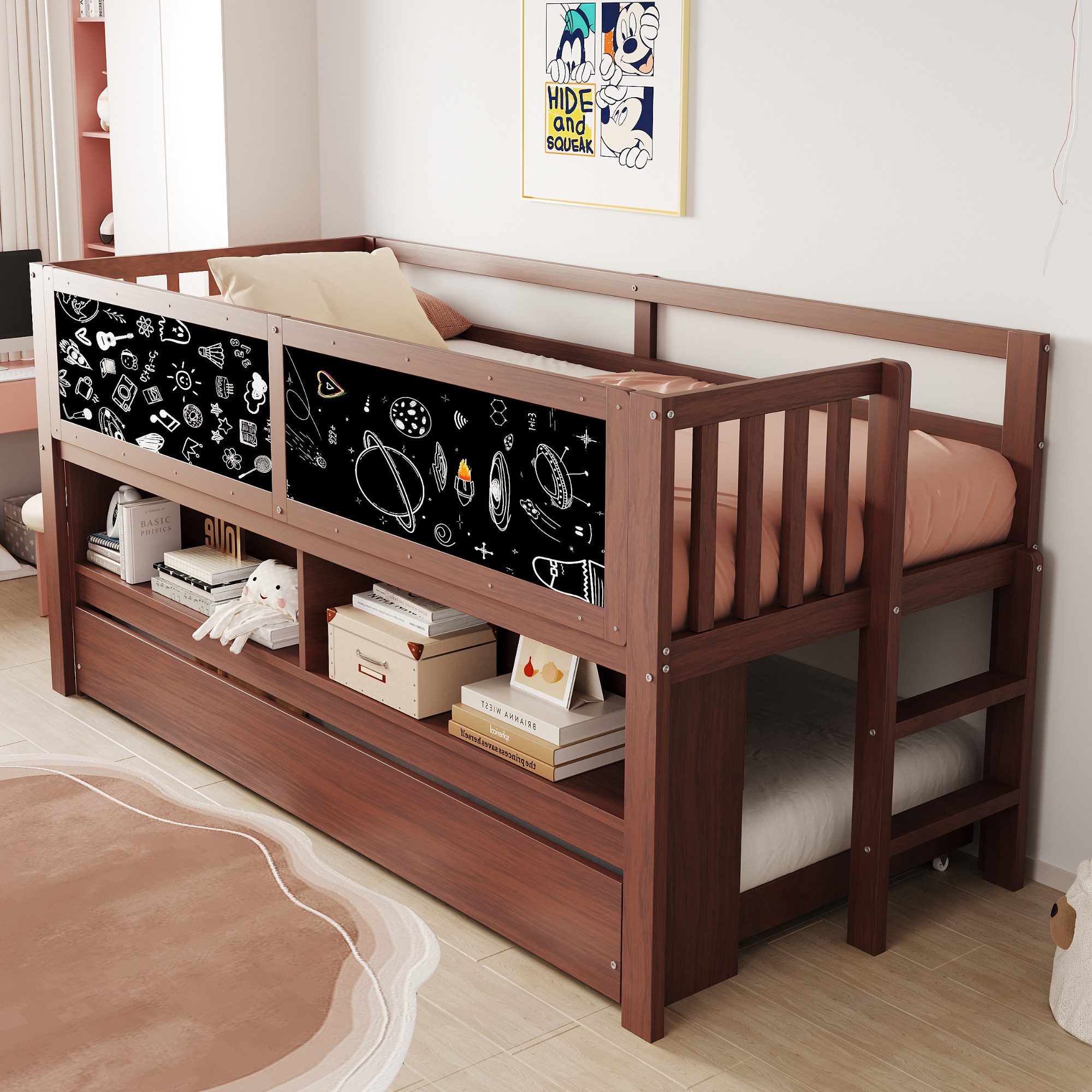 Merax Kinderbett 90x200cm mit Ausziehbett (1-tlg), Massivholz Hausbett Gästebett Jugendbett mit Tafel, Leiter & Stauraum