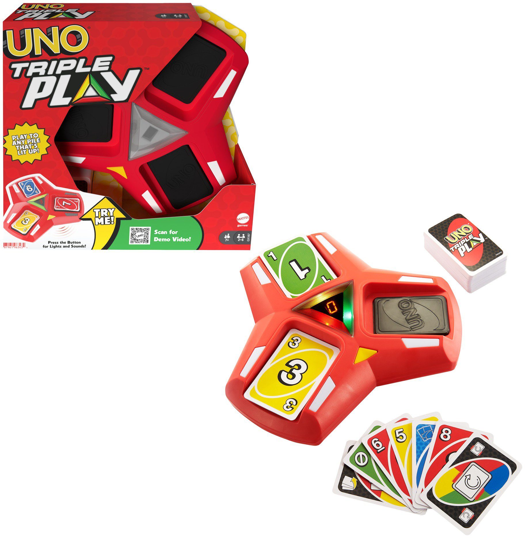 Mattel games Spiel, Gesellschaftsspiel UNO Triple Play, mit Licht- und Soundeffekten