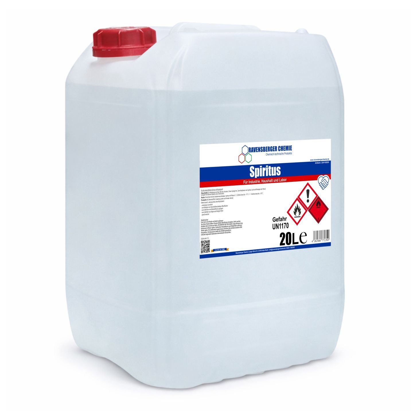 Ravensberger Chemie Brennspiritus Spiritus 20 Liter, 20 l, 20L Spiritus – Brennspiritus & Reiniger für Haushalt und Werkstatt