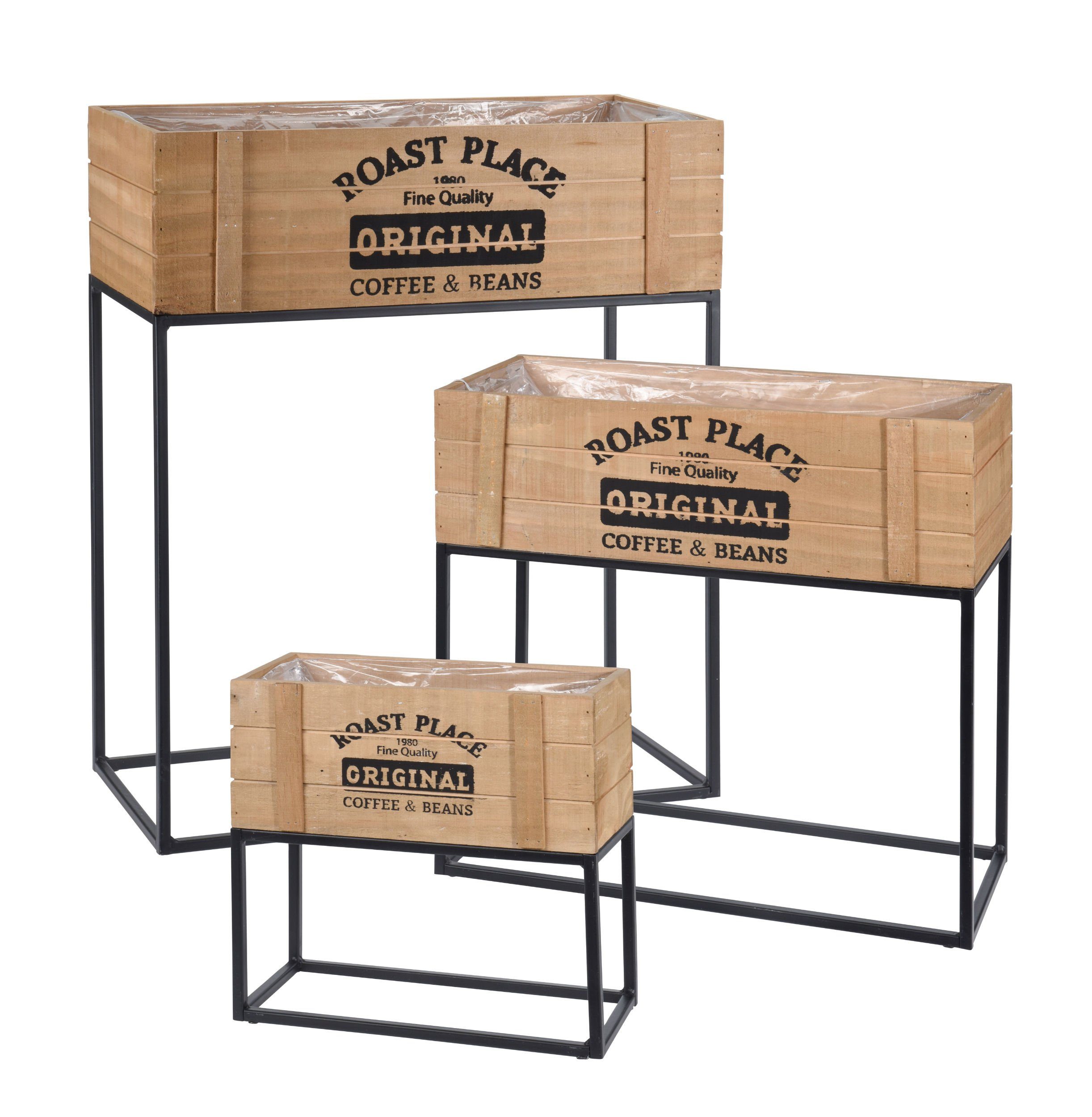 Spetebo Подставка для цветов Подставка для цветов 3er Set aus Holz und Metall (Set, 3 St., Pflanzenständer Set), Pflanzkasten auf Ständer mit Folie ausgekleidet