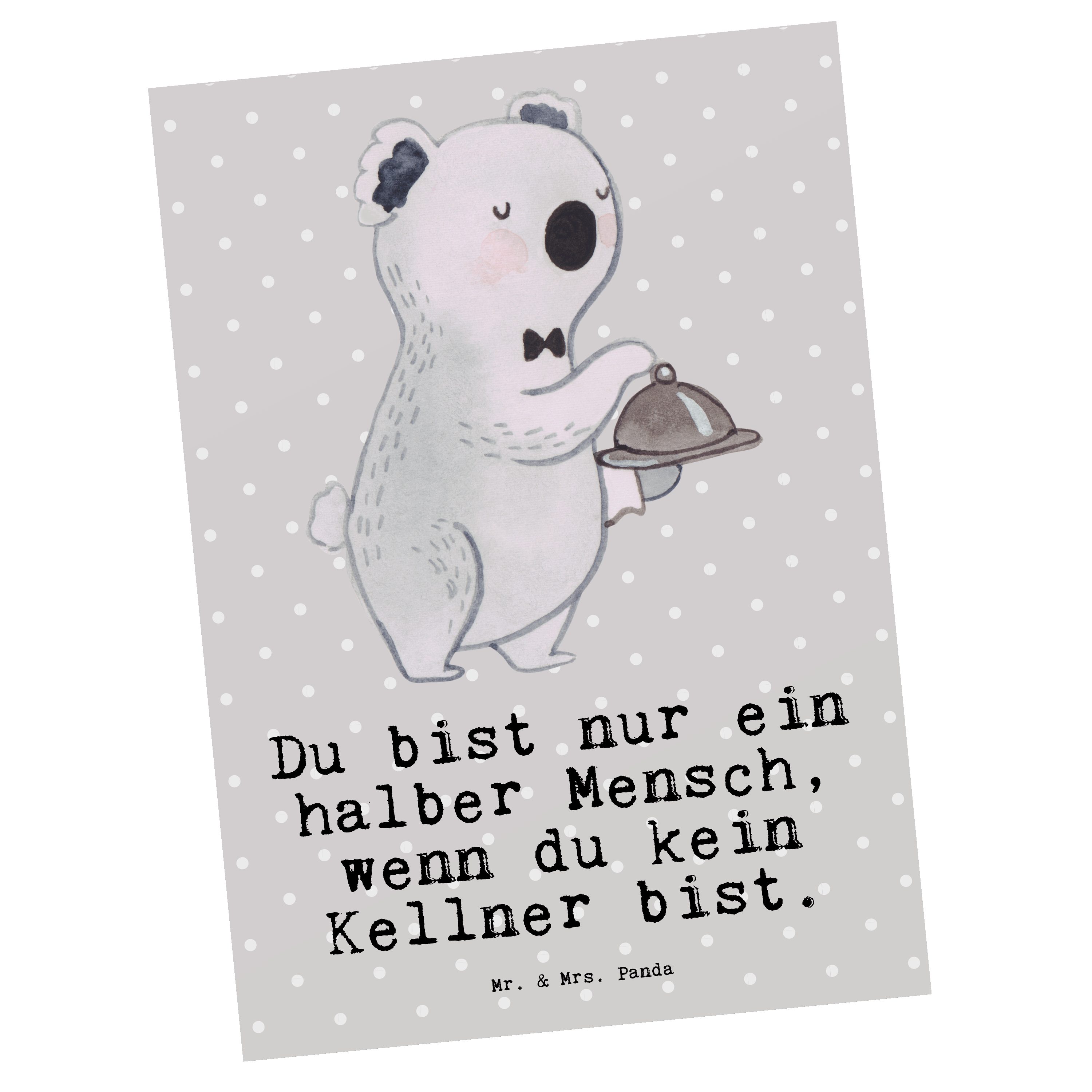 Mr. & Mrs. Panda Postkarte Kellner mit Herz - Grau Pastell - Geschenk, Ansichtskarte, Danke, Abs