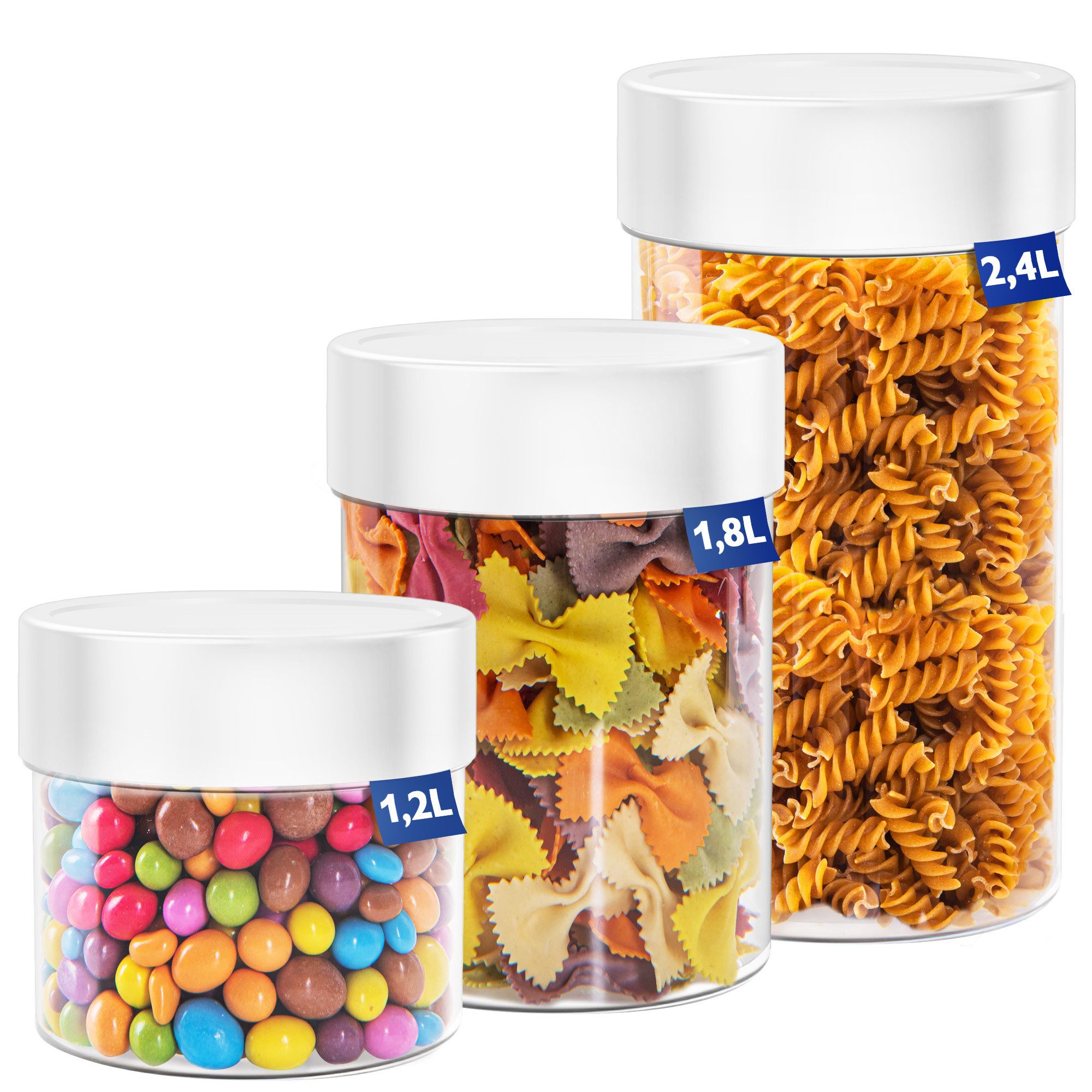 KONZEPT Vorratsdose mit Deckel luftdicht, Vorratsbehälter 1200, 1800, 2400 ml, Schüttdosen, (Satz Behälter, 6-er Set), ideal für Müsli, Mehl und Cornflakes Aufbewahrung, Schraubverschluss