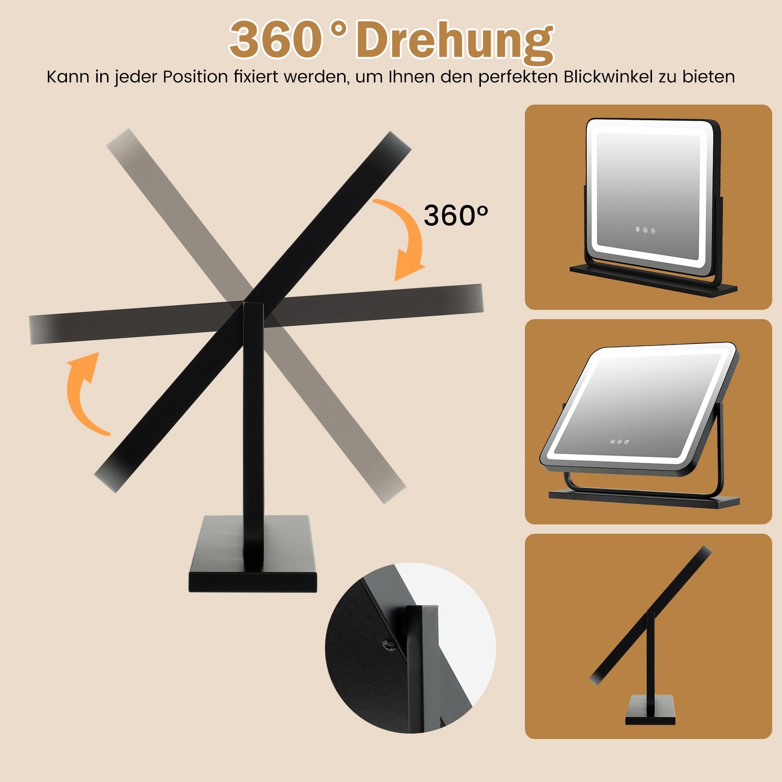 COSTWAY Schminkspiegel, mit 3 dimmbarer Lichtfarben, 5X Vergrößerung, 360°