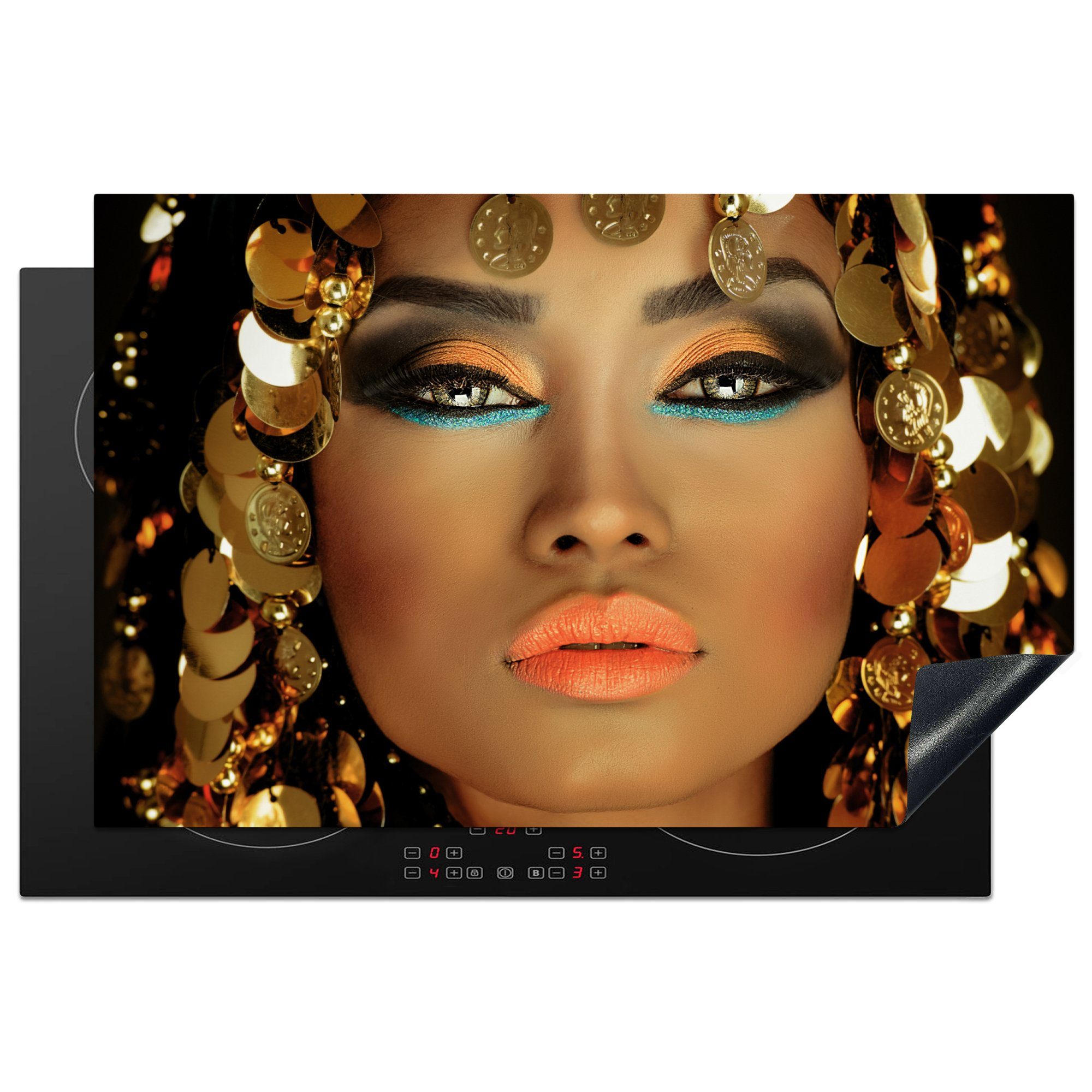 MuchoWow Herdblende-/Abdeckplatte Frau - Kleopatra - Gold - Schmuck - Make-up - Luxus, Vinyl, (1 tlg), 81x52 cm, Ceranfeldabdeckung, Arbeitsplatte für küche
