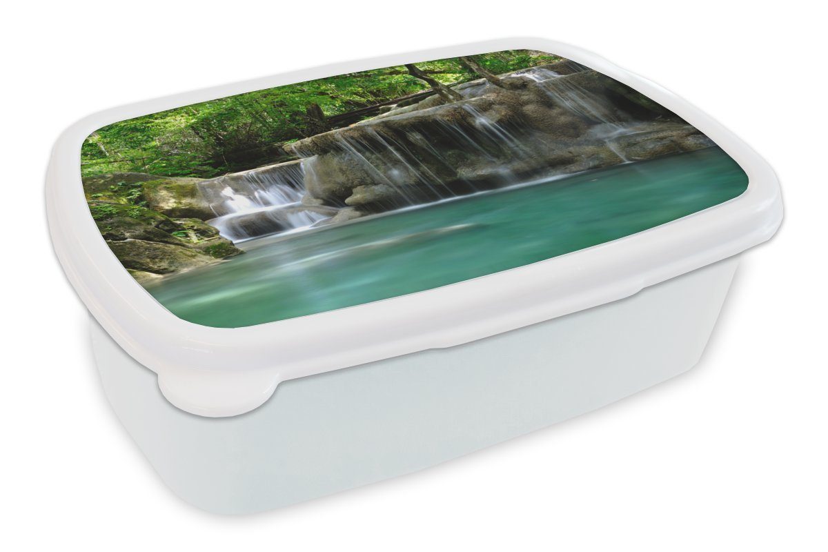 MuchoWow Lunchbox Mehrere kleine Wasserfälle im Erawan-Nationalpark in Thailand, Kunststoff, (2-tlg), Brotbox für Kinder und Erwachsene, Brotdose, für Jungs und Mädchen weiß