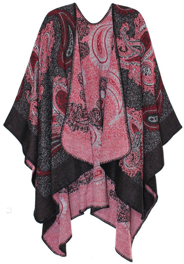 Oversize Paisley Poncho in dy_mode Poncho Damen Umhang Muster Cape Paisley Muster PJ007-SchwarzRot Wendeponcho in