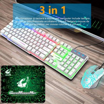 ZIYOU LANG Gaming Tastatur Und Maus Set, Italienisches Layout QWERTY Regenbogen Tastatur- und Maus-Set, Ergonomische Keyboard 6 Tasten 2400 DPI Maus Kompatibel mit PS4 Xbox