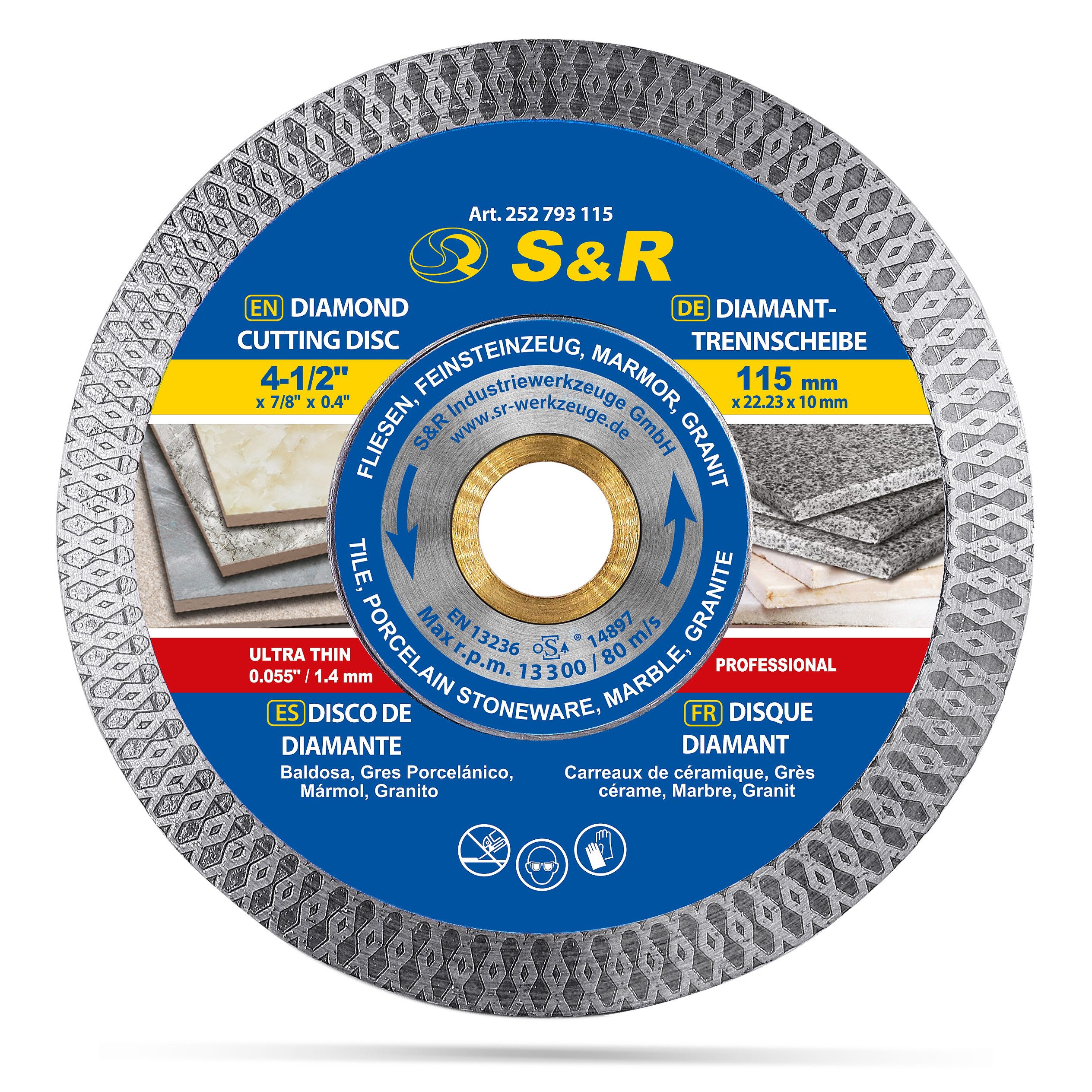 S&R Diamanttrennscheibe Diamanttrennscheibe 115 mm x 22,2 mm x 10 mm, für Winkelschleifer, Ø 115 mm, für Porzellan Feinsteinzeug, Harte Fliesen, Granit, Marmor