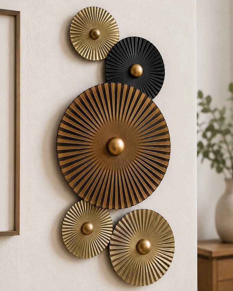 MF Dekoobjekt Mex Wandbild Metall Wanddeko Kreise Wandschmuck Braun Gold 27 x 64 cm