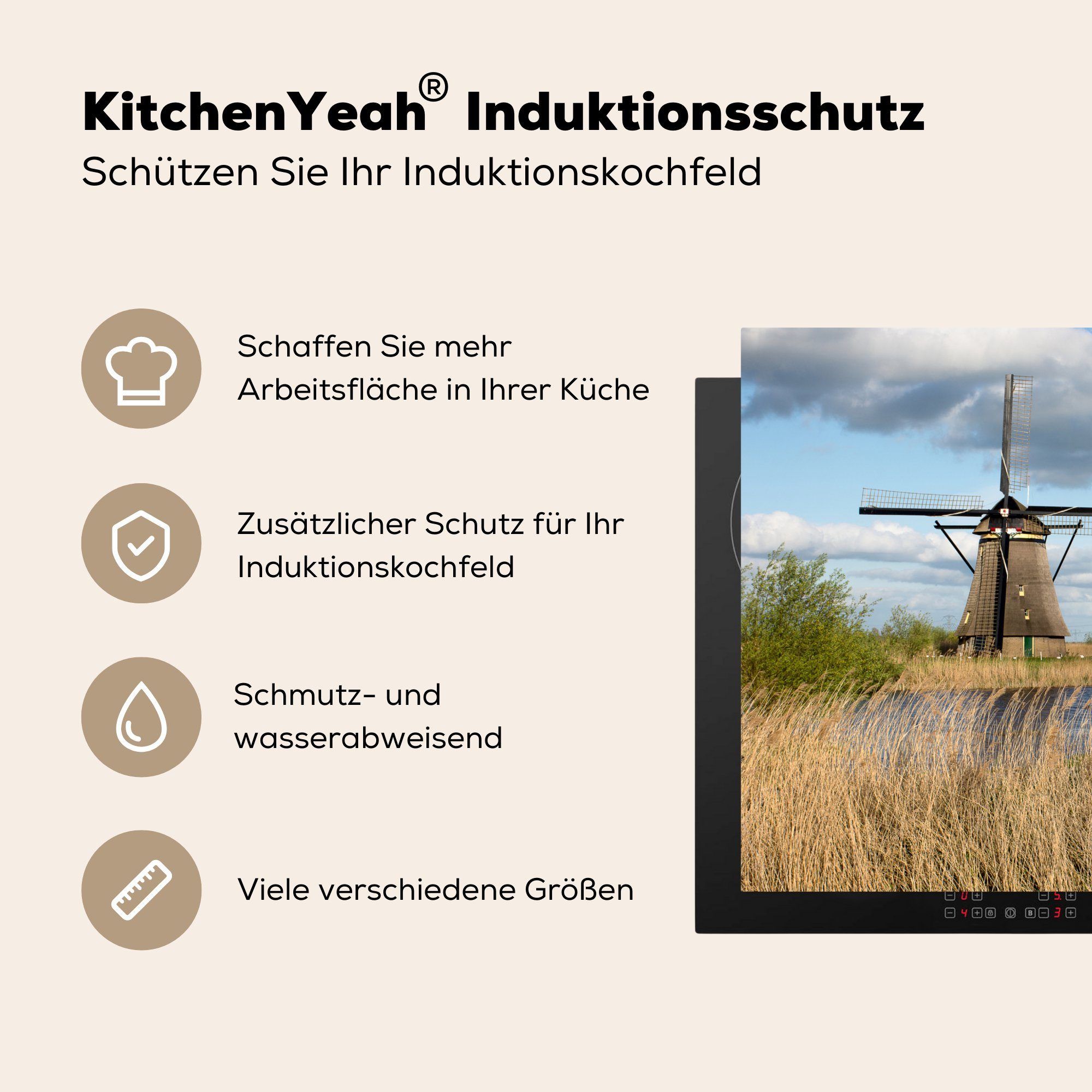MuchoWow Herdblende-/Abdeckplatte Windmühle Schilf - küche Vinyl, - (1 Wolken, für tlg), cm, Ceranfeldabdeckung, Arbeitsplatte 78x78