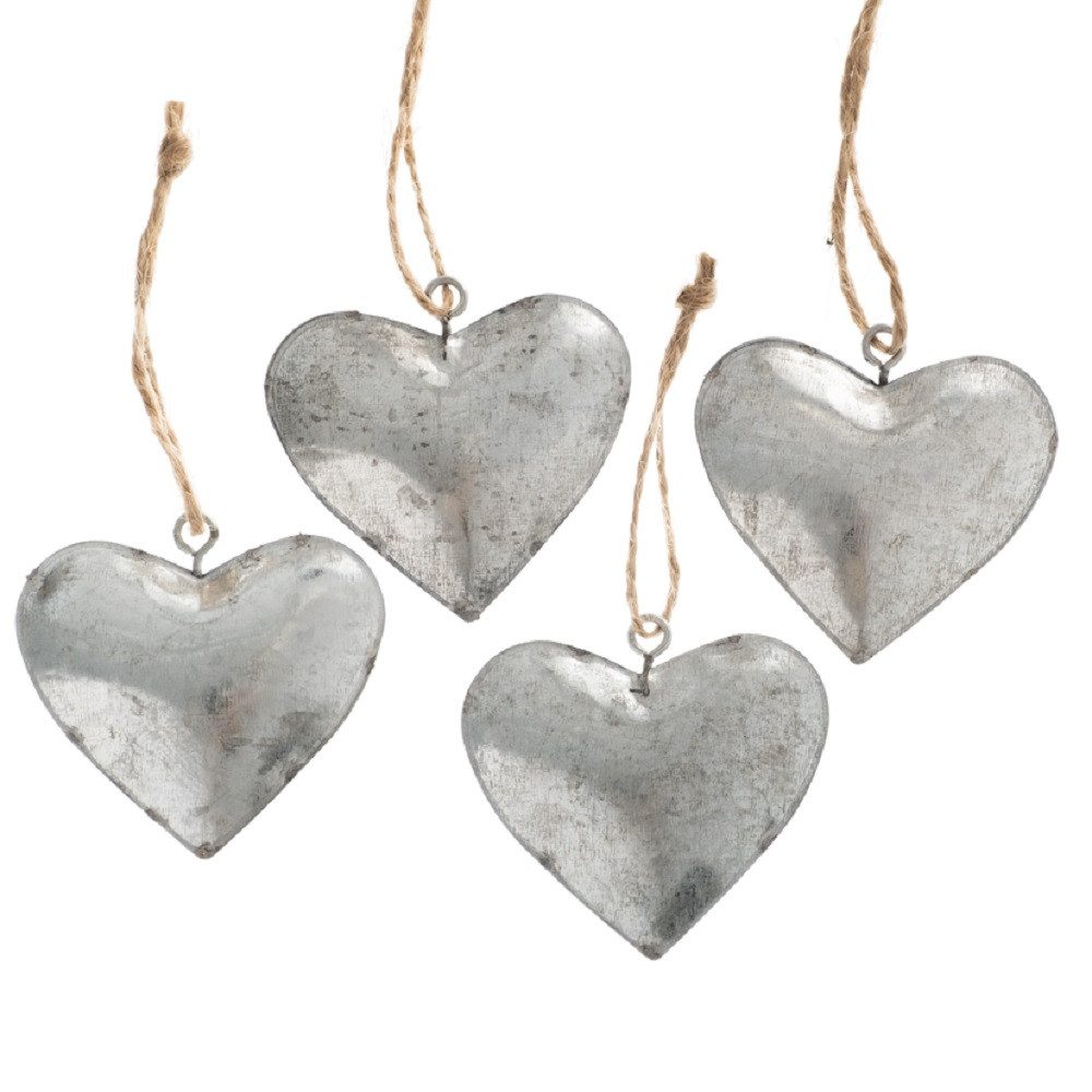 Dragimex Hängedekoration Metall Herz mit Kordel, Herzhänger, Set 4x, ca. 5 cm. Zinkblech-Herz.