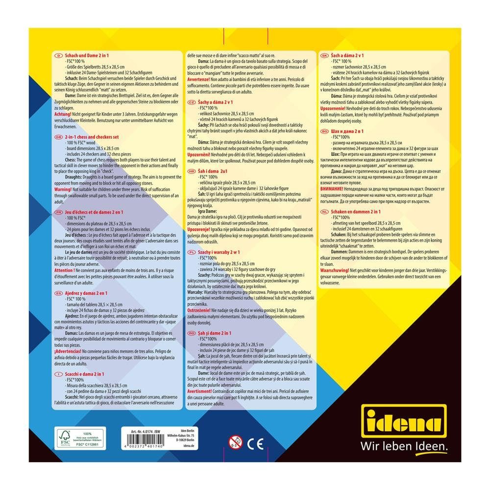 Idena Spiel 2in1 Spielbrett Schach & Dame, Brettspiel, Spieleklassiker aus Holz