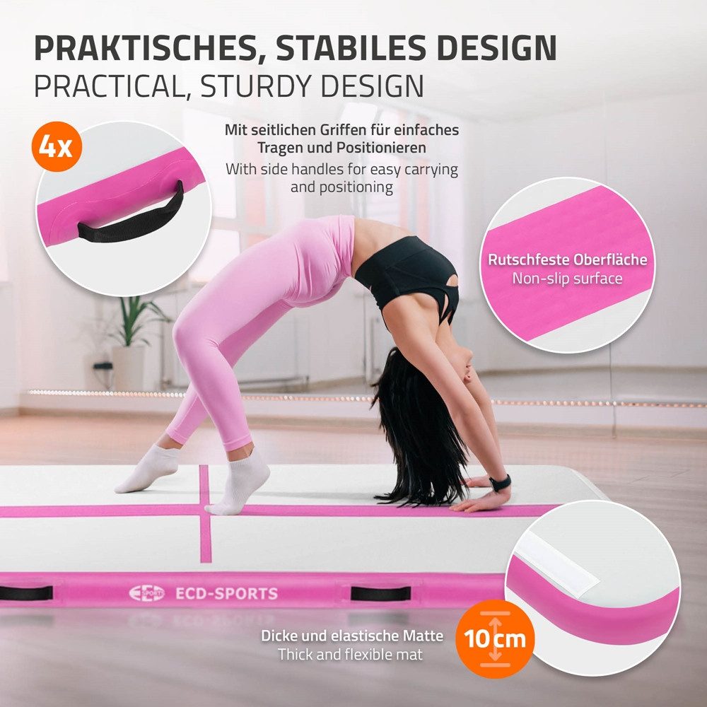 ECD Germany Sportmatte Aufblasbare Gymnastikmatte Airtrack Turnmatte Fitness Tumbling Matte, Pilatesmatte 3m Rosa H:10cm inkl. Tragetasche Luftpumpe & Flick-Set – Bild 3 von 5