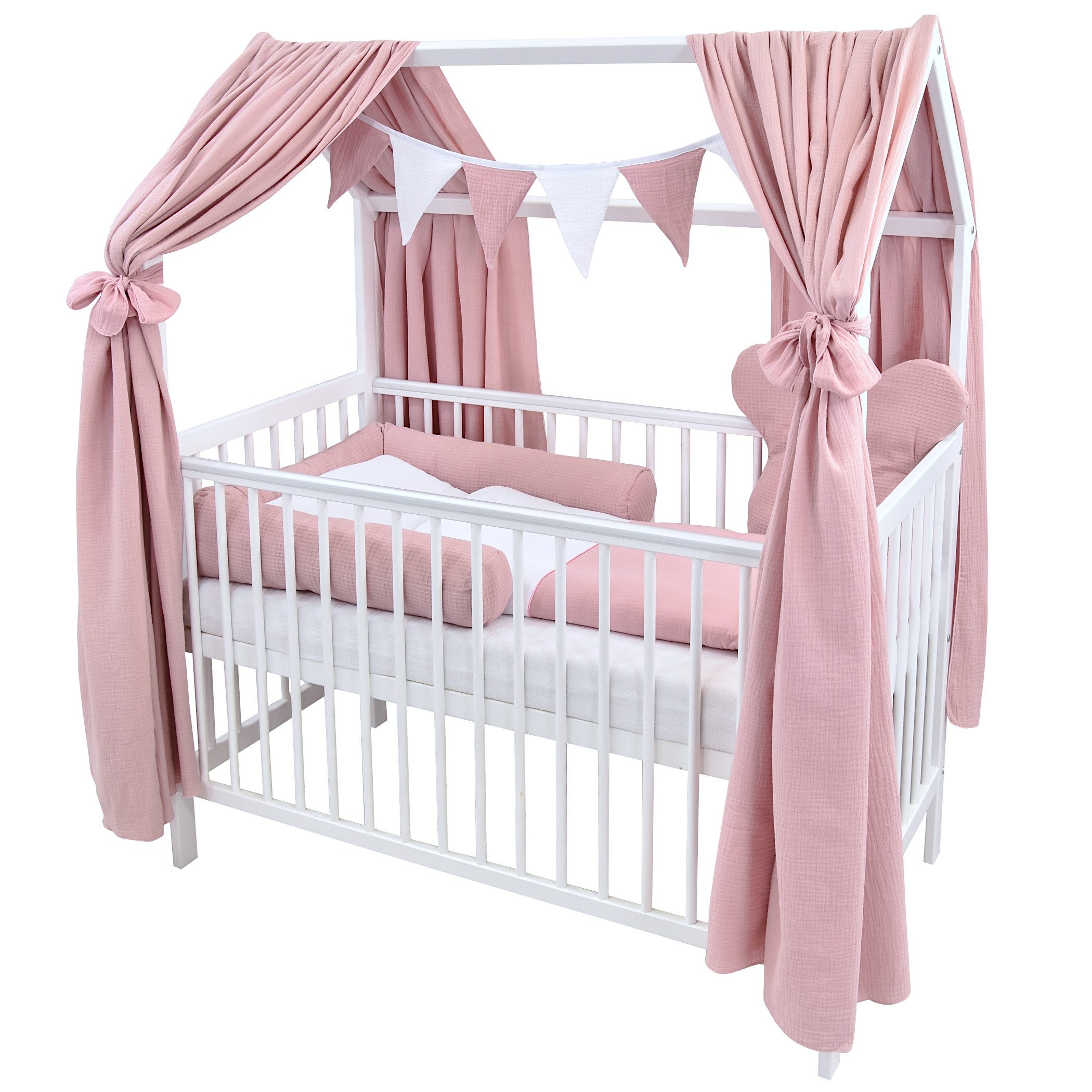Baby-Delux Komplettbett Hausbett Babybett Komplettset Waffelpique Musselin, günstig online kaufen