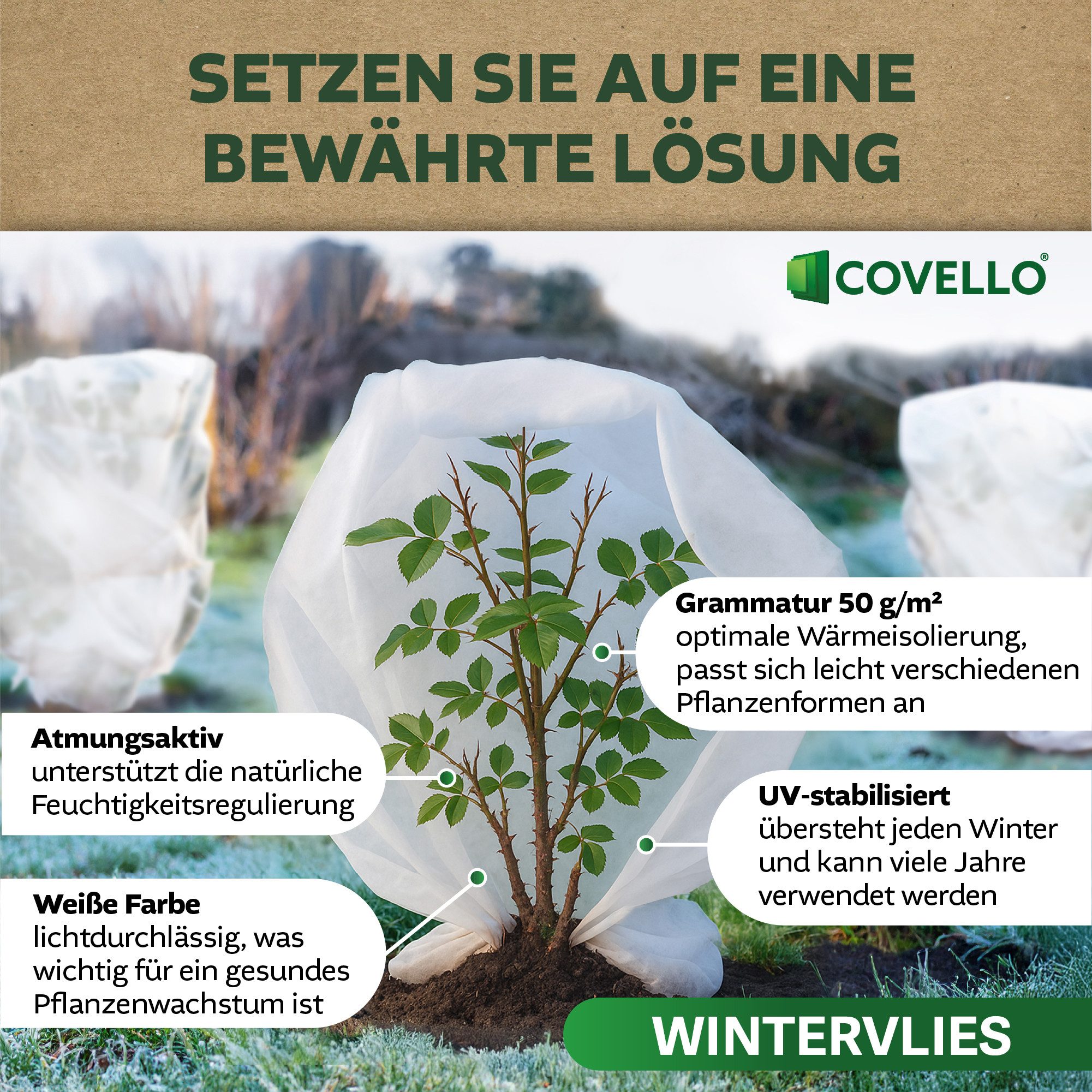 Covello Wintervlies Winterschutz für Pflanzen – Wintervlies 50g/m²- Frostschutz Pflanzen, Winterschutz für Kübelpflanzen – Reißfest & UV-stabil