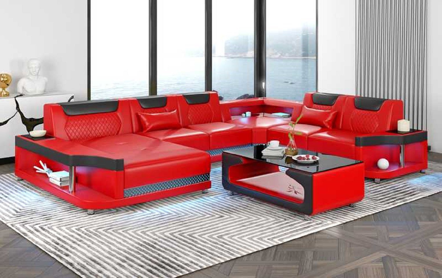 JVmoebel Ecksofa Großes Sofa Wohnlandschaft LED XXL U Form Ecksofa Luxus, 4 Teile, Made in Europe Rot