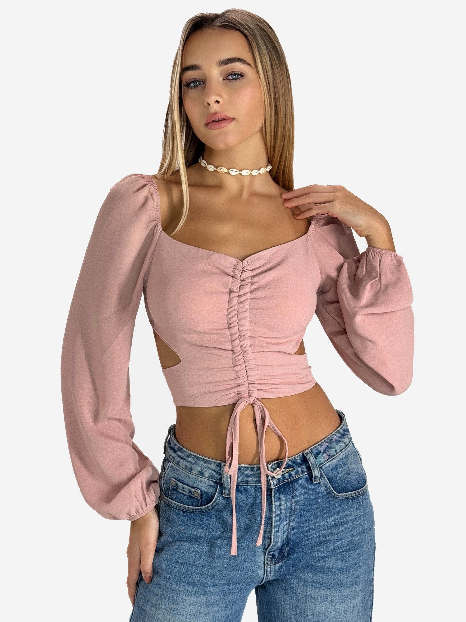 Elara Blusentop Damen Crop Bluse mit Raffungen – Figurbetontes Langarm Oberteil
