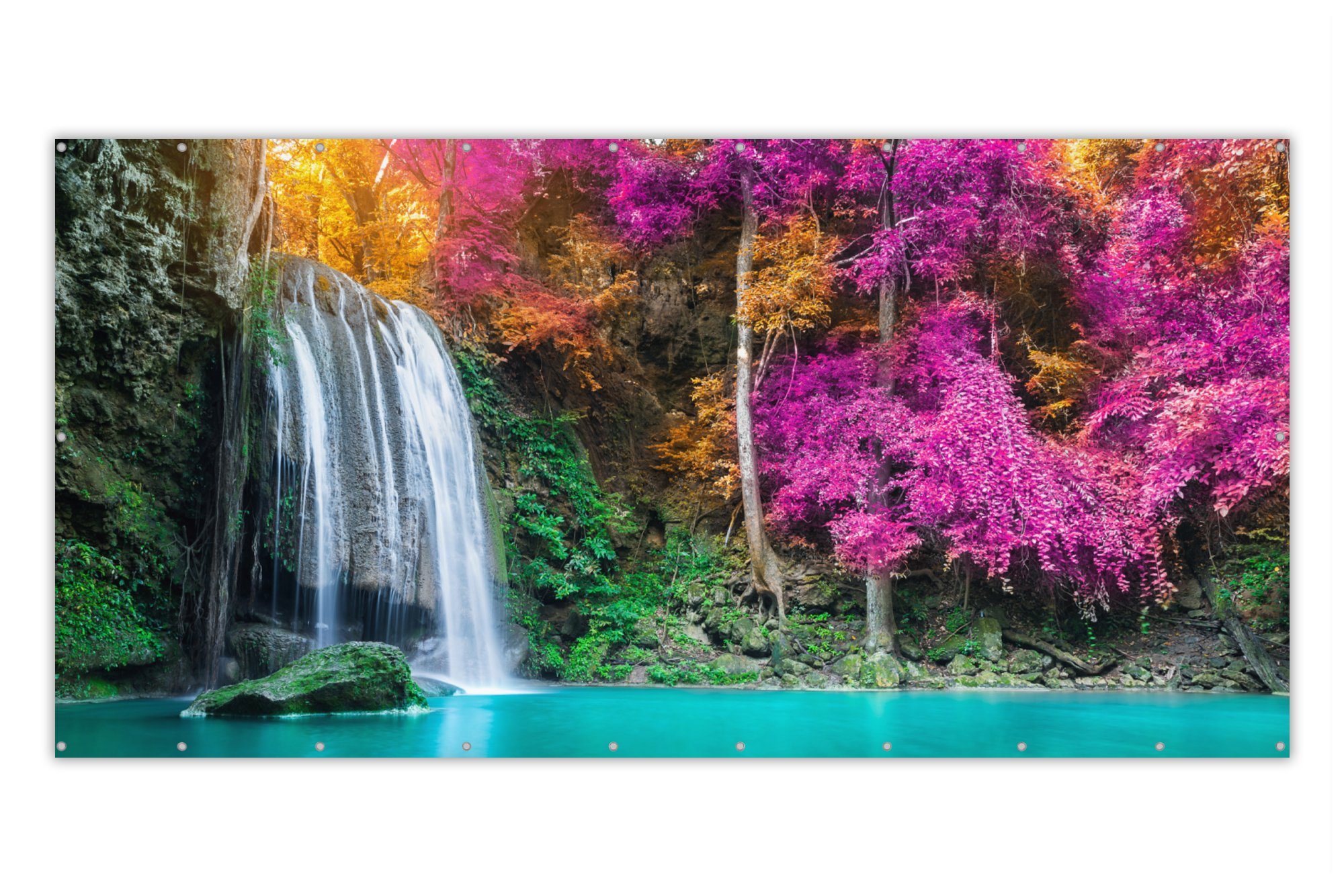 MuchoWow Balkonsichtschutz Wasserfall - Bäume - Rosa - Braun - Natur (1-St) Balkonverkleidung Wetterfest, Windschutz Terrasse, 300x120 cm