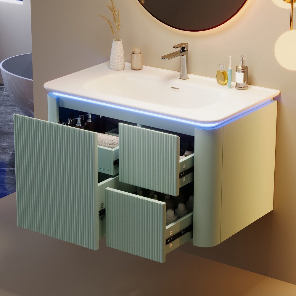 BBG Waschbeckenunterschrank Waschtischunterschrank 80 cm mit Keramik Waschbecken hängend (Badmöbel Badezimmerschrank mit LED Sensorlicht, Waschbecken) mit Unterschrank, 4 Schubladen Soft-Close, Badschrank Wandmontage