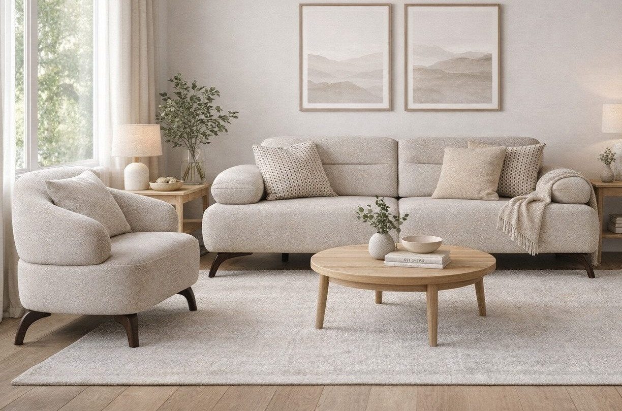 JVmoebel Polstergarnitur Moderner Wohnzimmertisch Beige Holzgestell Komfortabel Entspannend, (2-tlg), Made in Europa