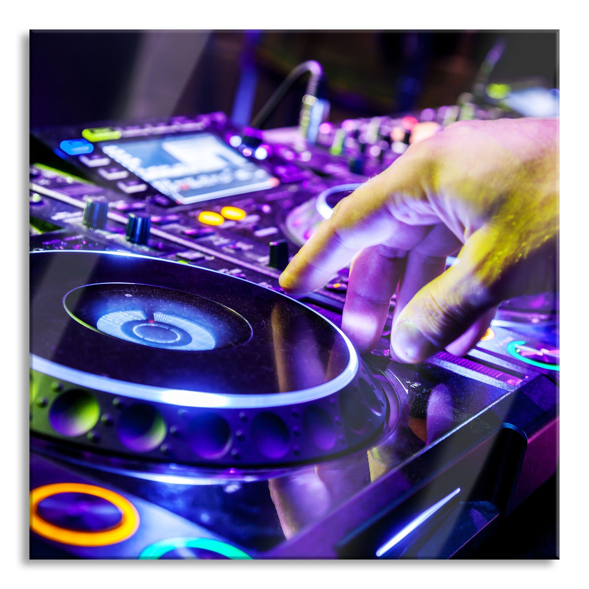 DJ Cool Pixxprint Aufhängungen Music, (1 und Cool inkl. Music St), Glasbild DJ Glasbild Abstandshalter Plattenteller Echtglas, aus Plattenteller