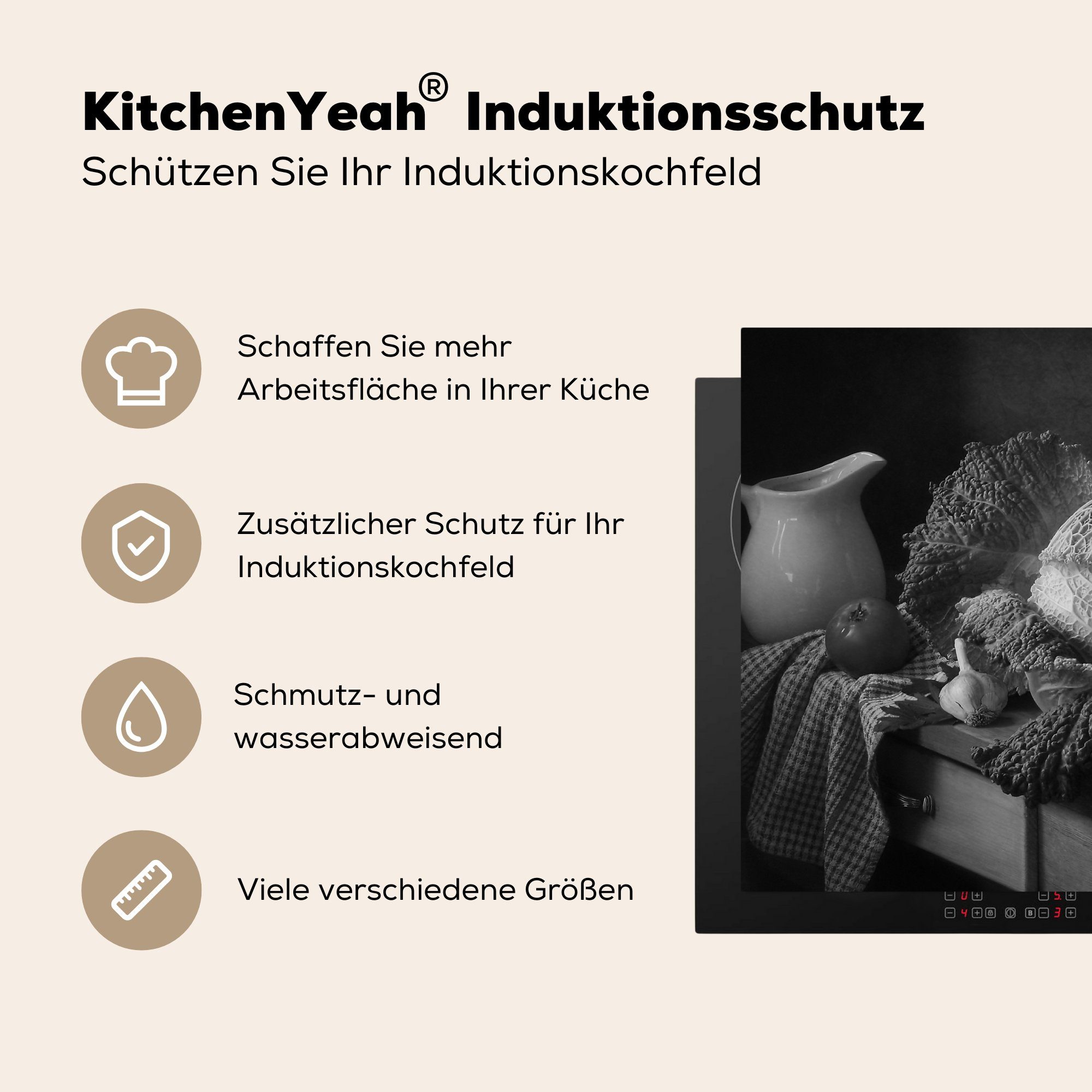 Induktionskochfeld Herdblende-/Abdeckplatte Schwarz - Vinyl, küche, - MuchoWow Kohl (1 cm, tlg), Stilleben 71x52 - Ceranfeldabdeckung Weiß, für Schutz die