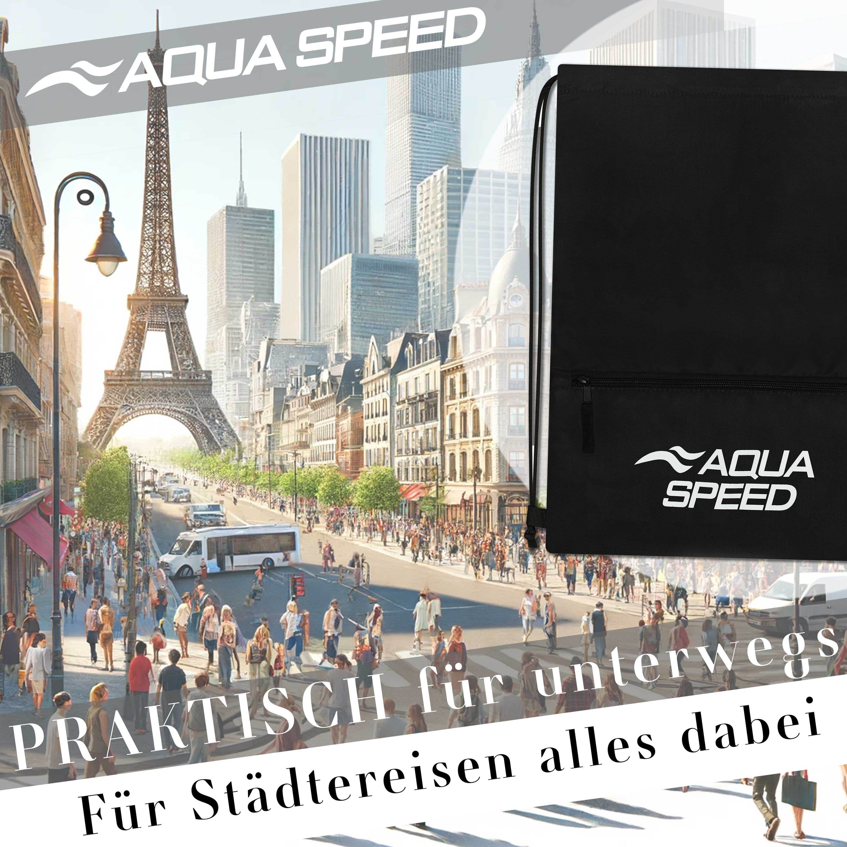 Aqua Speed Turnbeutel GEAR SACK ZIP Sportbeutel 16L Schwimmbeutel schwarz (Sporttasche 16 Liter chlorbeständig mit Reißverschlussfach), Mit Reißverschlussfach für Schlüssel & kleine Wertsachen