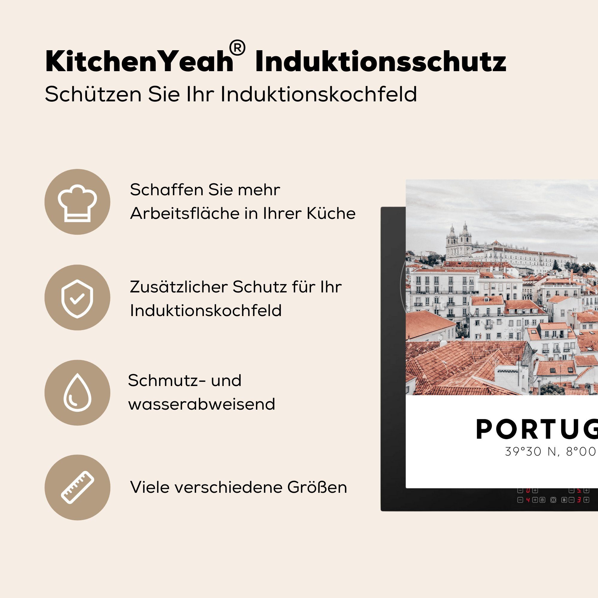für Portugal - Lissabon MuchoWow Arbeitsplatte cm, Häuser, - Herdblende-/Abdeckplatte Ceranfeldabdeckung, Vinyl, tlg), küche 78x78 (1