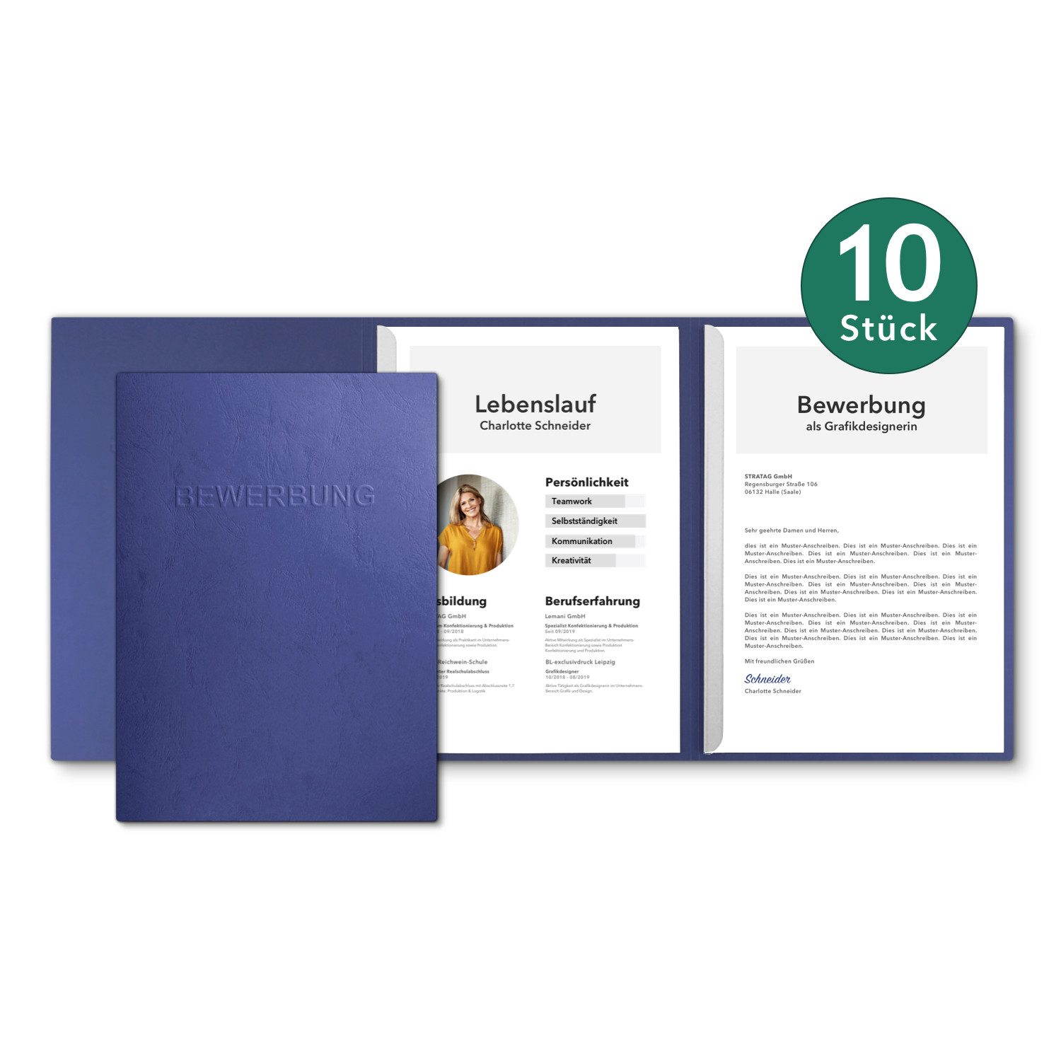 STRATAG Bewerbungsmappe in feinster Lederstruktur - 10 Stück 3-teilig mit 2 Klemmschienen (Set, 10-St., mit hochwertiger Relief-Prägung BEWERBUNG), direkt vom Hersteller STRATAG - handgefertigt in Deutschland