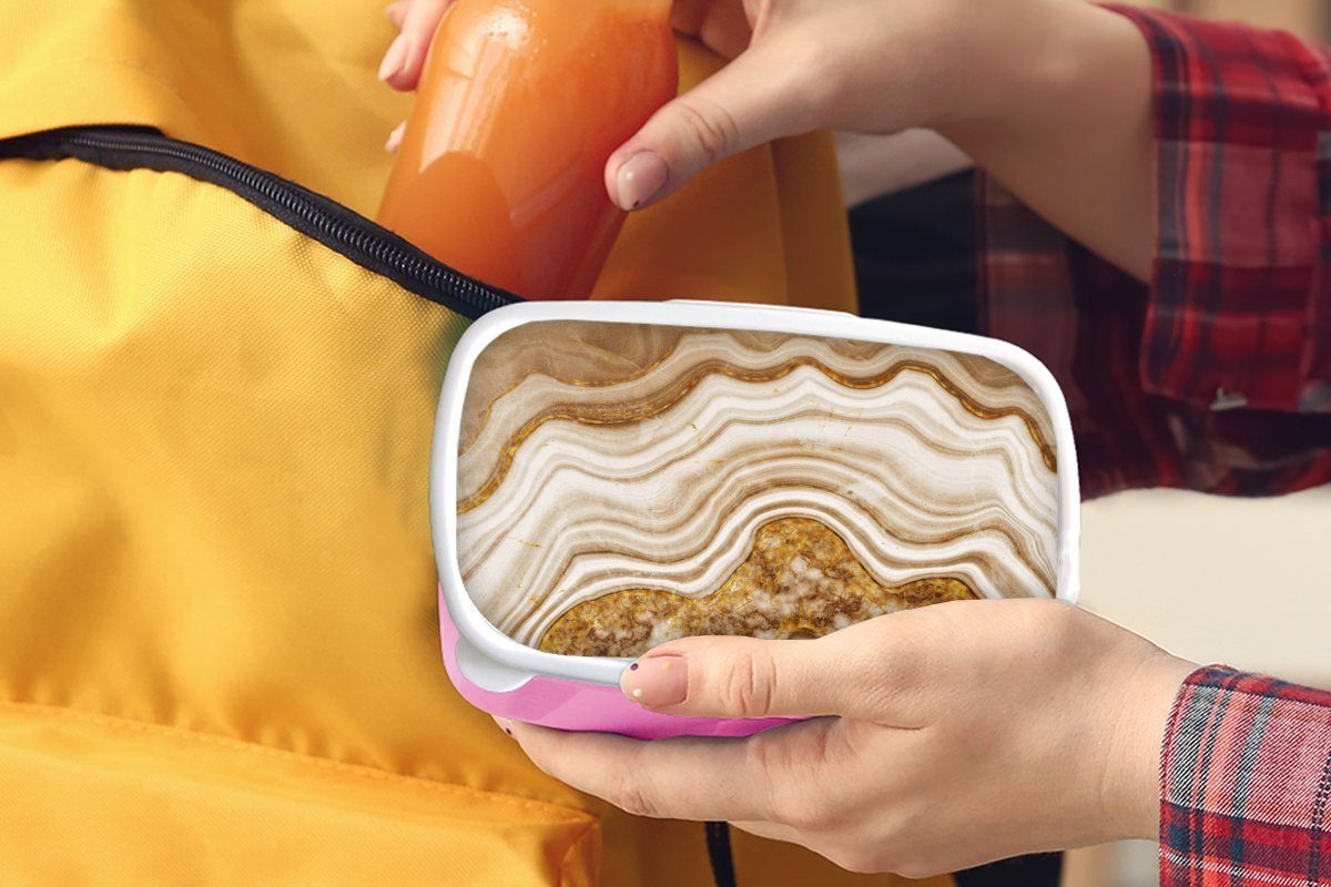 MuchoWow Lunchbox rosa (2-tlg), - Snackbox, für Brotdose Mädchen, - Linie, Braun Kunststoff, Kinder, Brotbox Kunststoff Erwachsene, Marmor