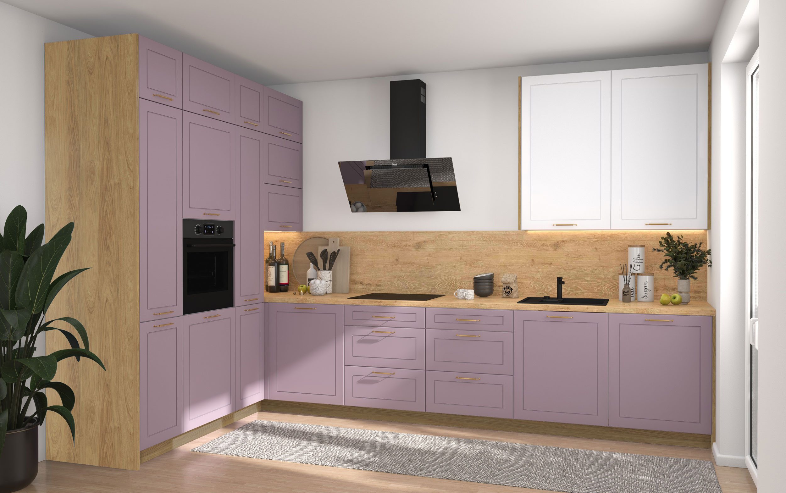 Feldmann-Wohnen Küchenzeile Bari, (16-teilig, inklusive Abschlussrahmen, Blum Metabox Schubladensystem), 202x347cm, L-Form, Eiche Artisan / pastellviolett - signalweiß