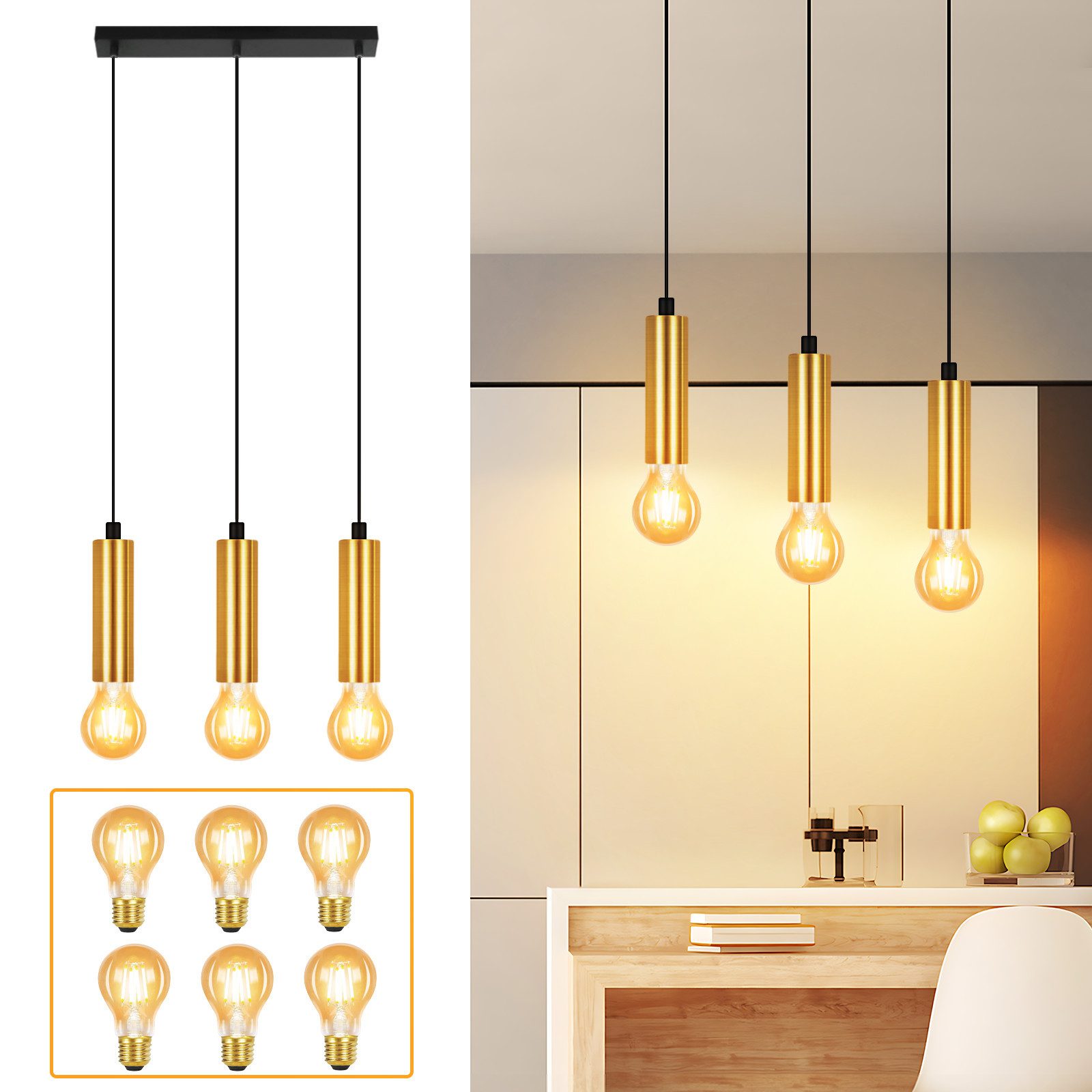 Nettlife Hängeleuchte Schwarz Gold E27 3 Flammig Esstisch Pendelleuchte Industrial Metall, Höhenverstellbar, LED wechselbar-mit Leuchtmittel, Wohnzimmerlampe Schlafzimmer Küche Flur