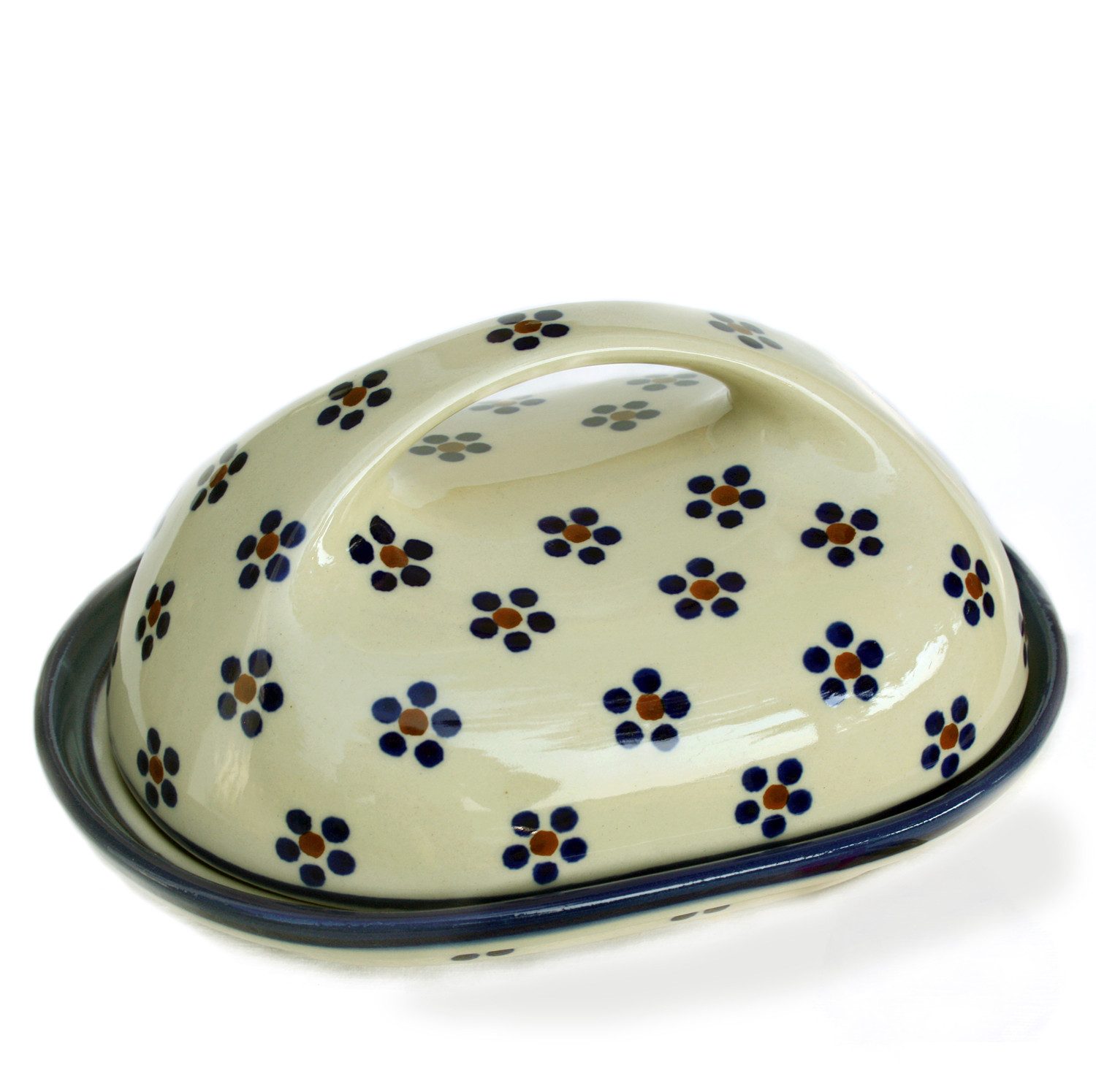 Bunzlauer Keramik Manufaktura Butterdose oval mit großem Griff, Unterteil und Deckel oval geformt, großer Griff.