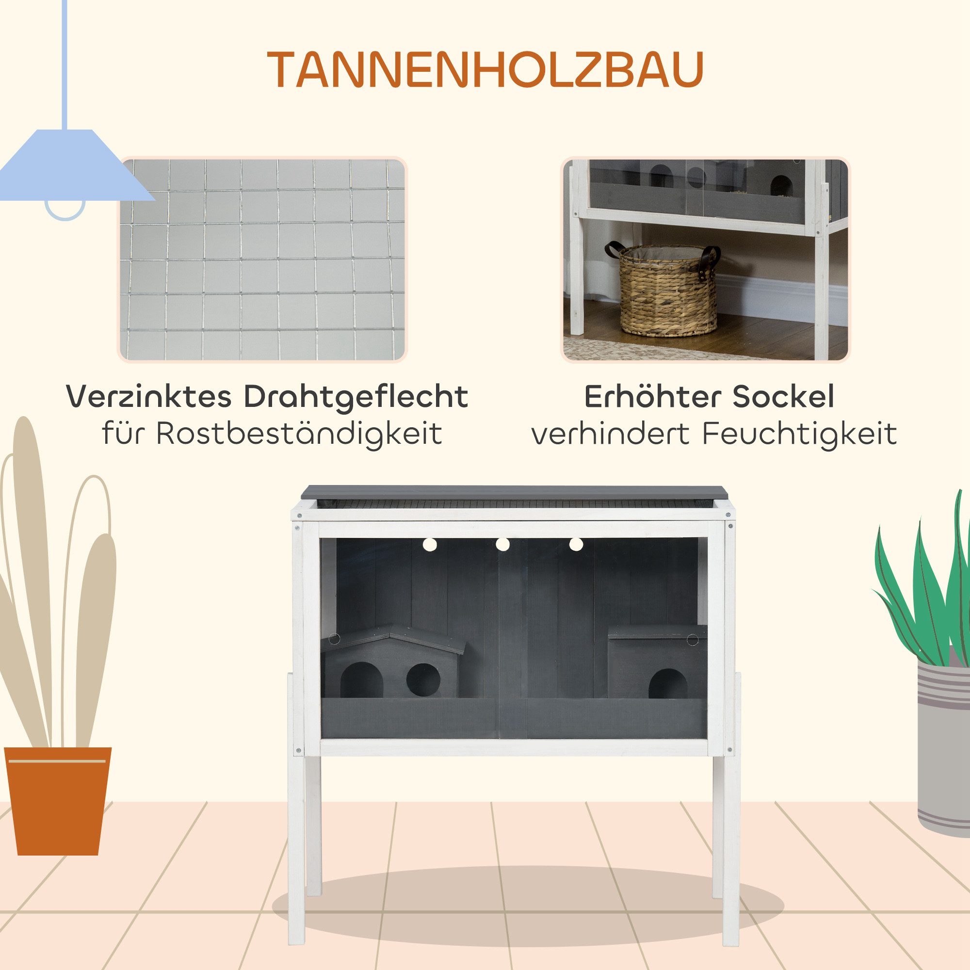 PawHut Kleintierkäfig aus Holz für Zwerghamster Nagerkäfig mit 2 Hütten und Zubehör, groß Mäusekäfig Käfig 82 x 45 x 81 cm Grau