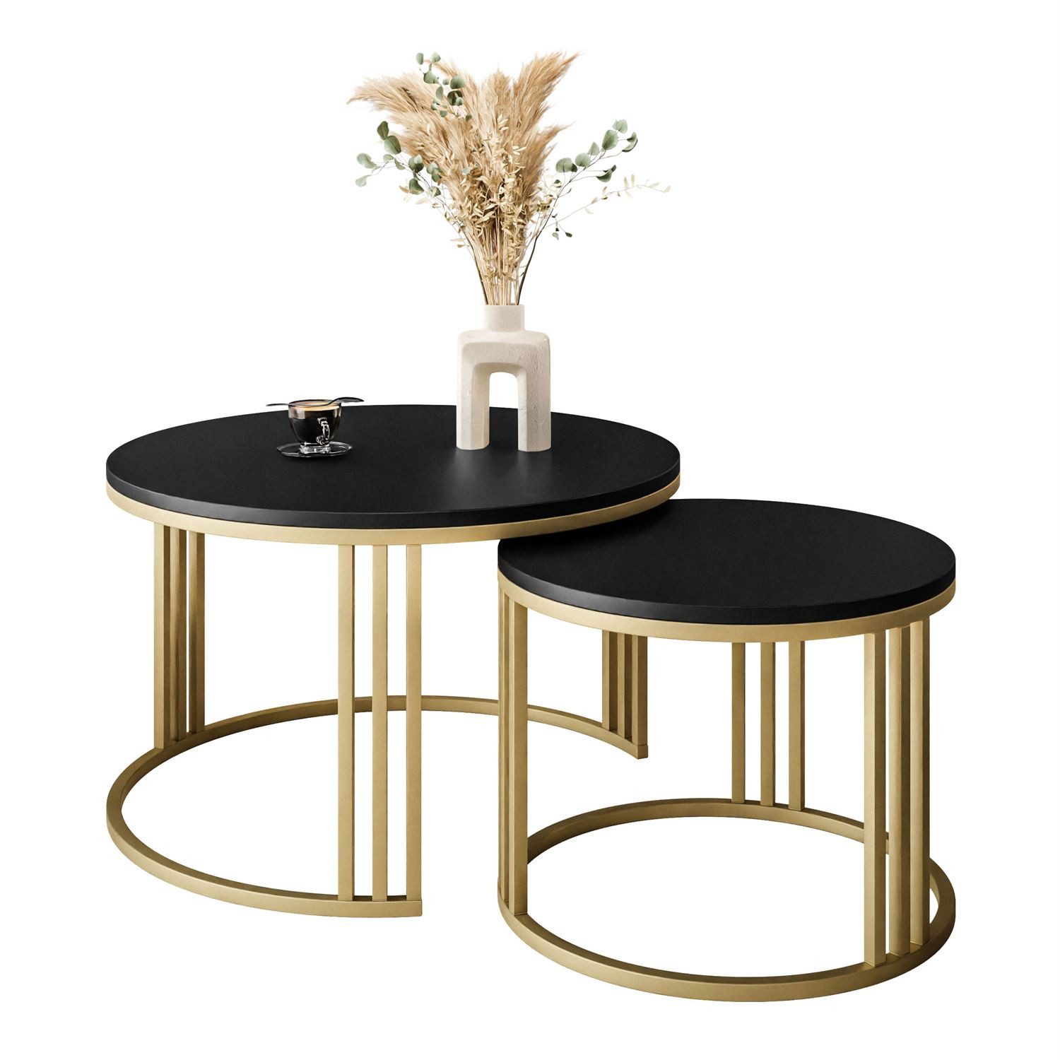 Lookway Couchtisch LORI 2in1 GOLD runder Couchtisch mit mattschwarz Platte (2er Set), Durchmesser: ⌀70 cm und ⌀50 cm