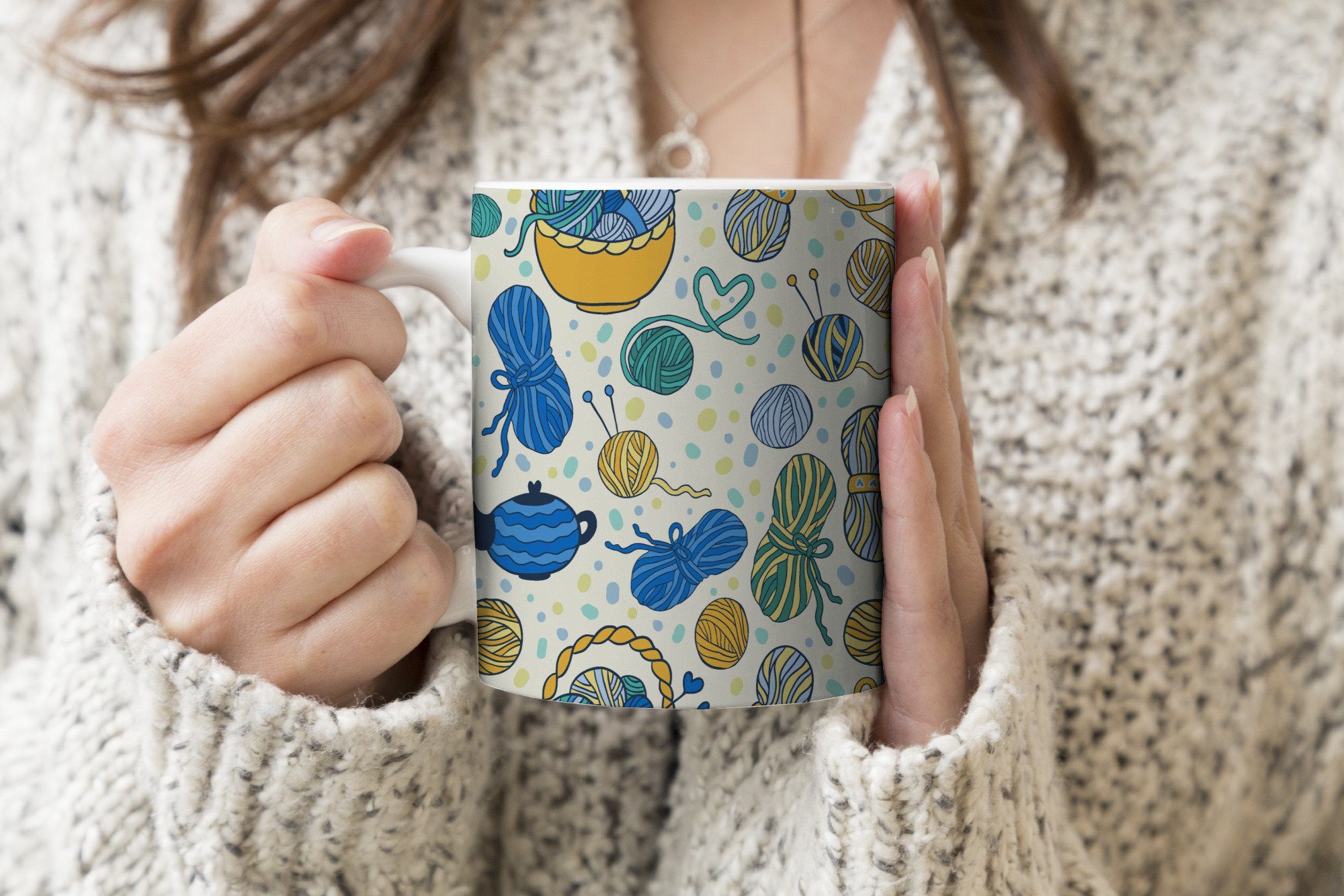 MuchoWow Tasse Stricken - Muster - Wolle, 1-tlg., Keramik, Kaffeetassen, Teetasse, Becher, Kaffeebecher, Geschenk