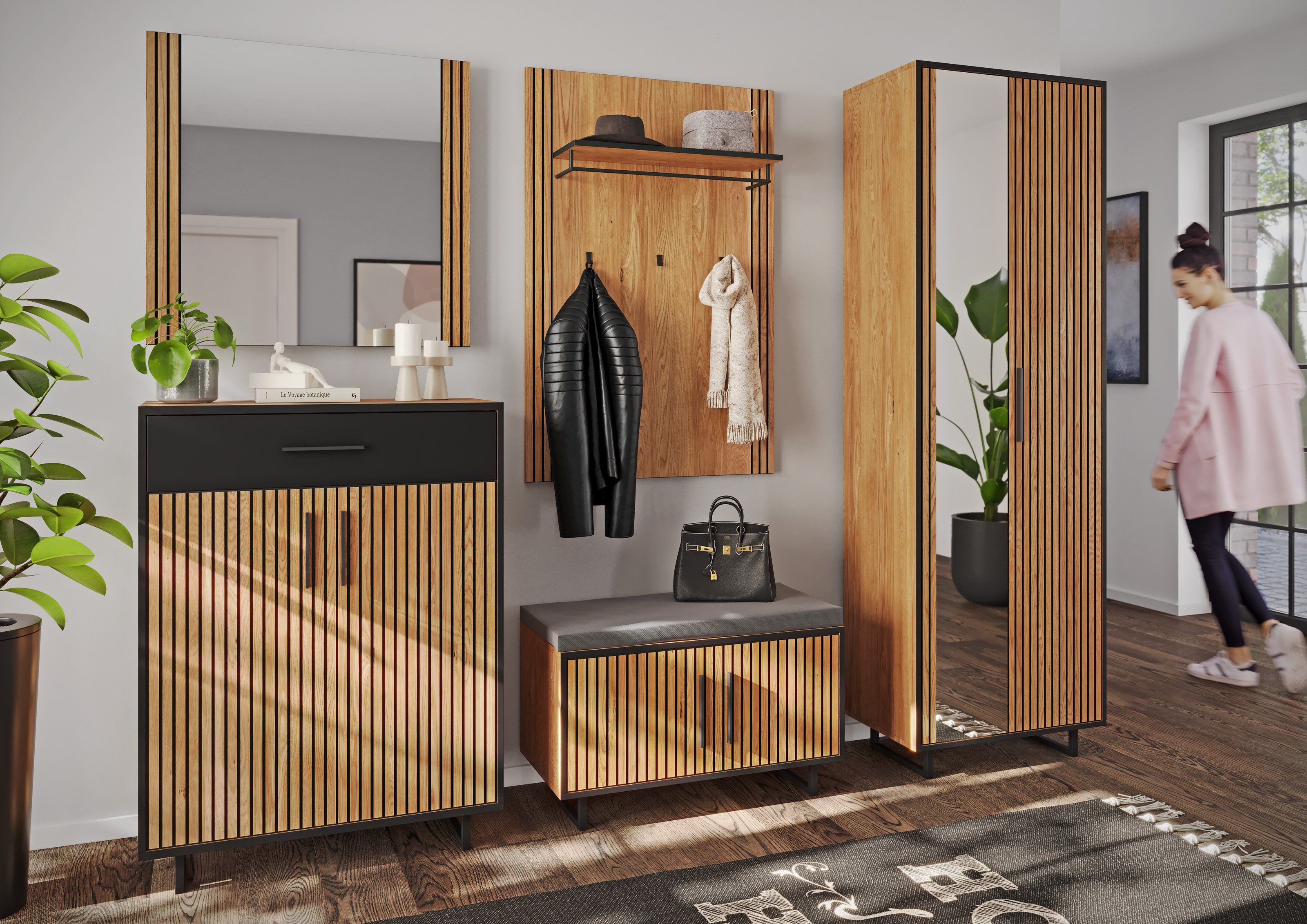ELFO Garderoben-Set (5-teilig) in Eiche / schwarz - 235x197x40 (BxHxT), (5-teilig)