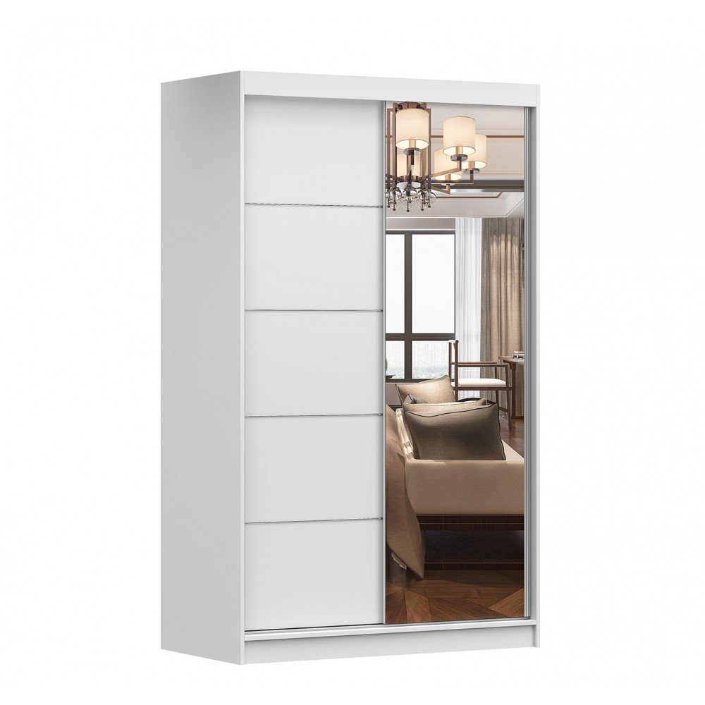 MOEBLO Kleiderschrank NOAH 05 (mit Spiegel Schwebetürenschrank 2-türig Schrank mit vielen Einlegeböden und Kleiderstange, Gaderobe Schiebtüren Schlafzimmer-Wohnzimmerschrank Modern Design), (BxHxT): 120x200x61 cm Weiß