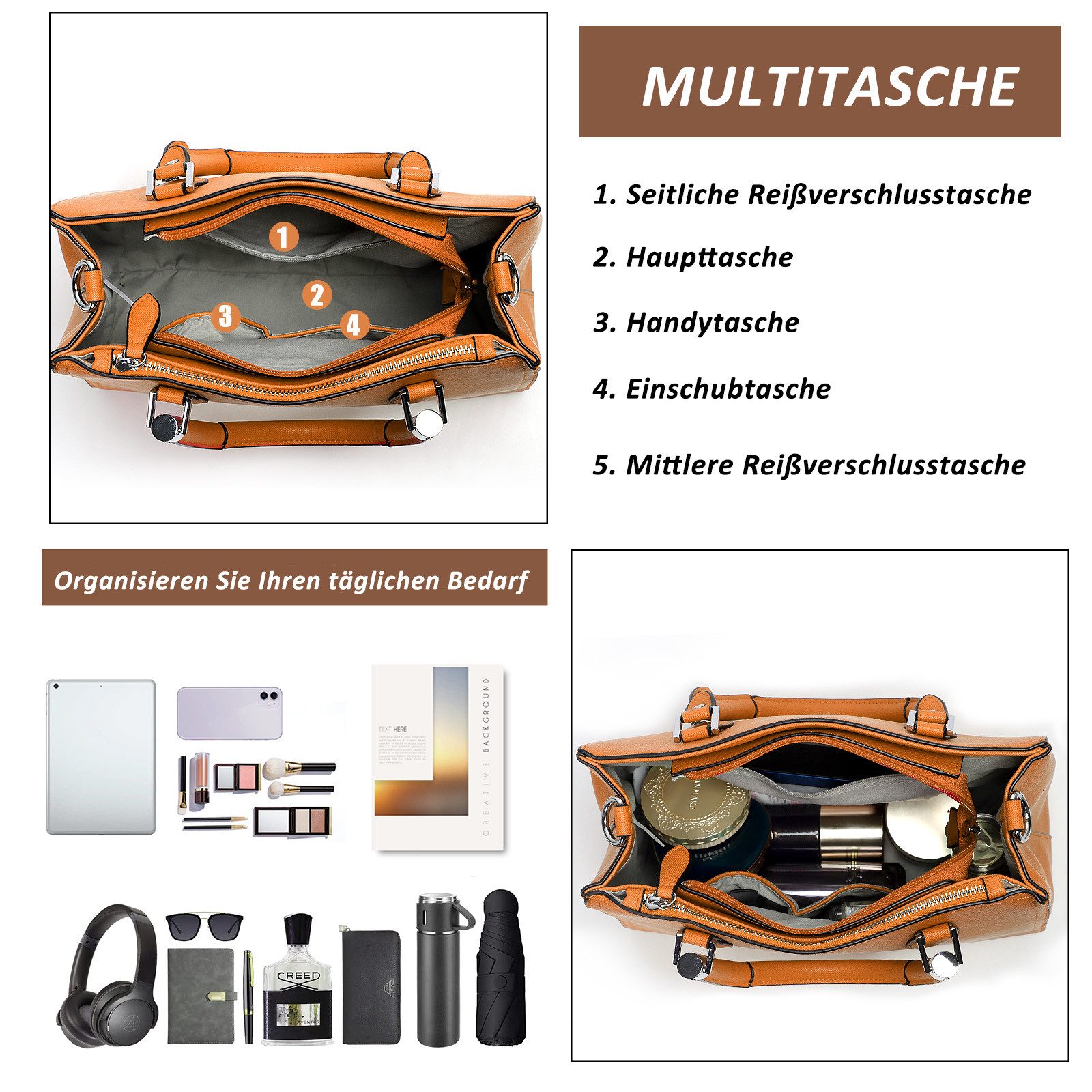 TAN.TOMI Henkeltasche Umhängetasche Messenger Taschen Kleine Handtasche für Damen (Mittel Mehrere Fächer & Reißverschlüsse, mit Abnehmbar Schulterriemen), Handt – Bild 5 von 5