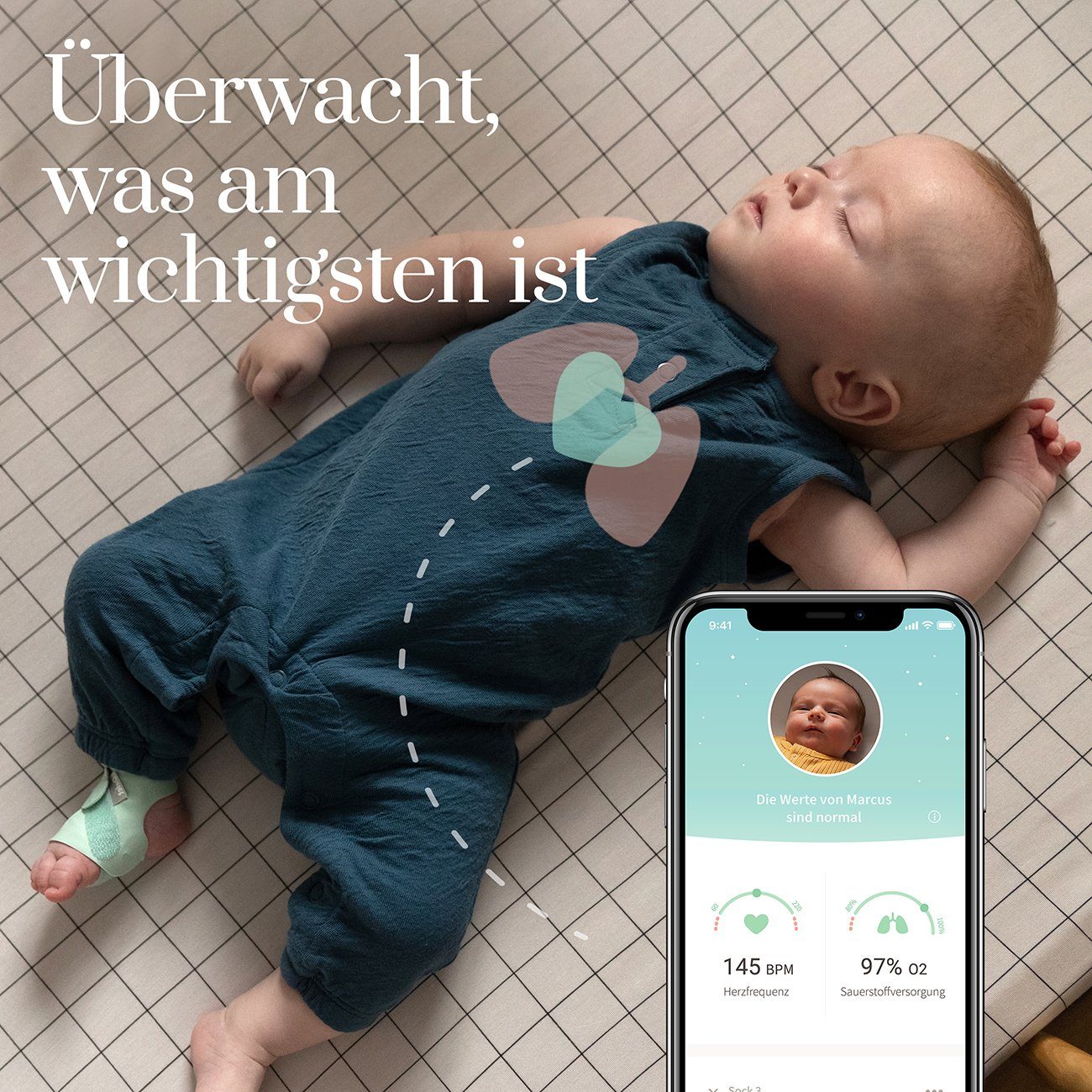 Herzfrequenz 3 via App Original-Mintgrün Schlaf und Tracking Smart Owlet Sock Smart - DE Baby Babyphone, von Sock, Care